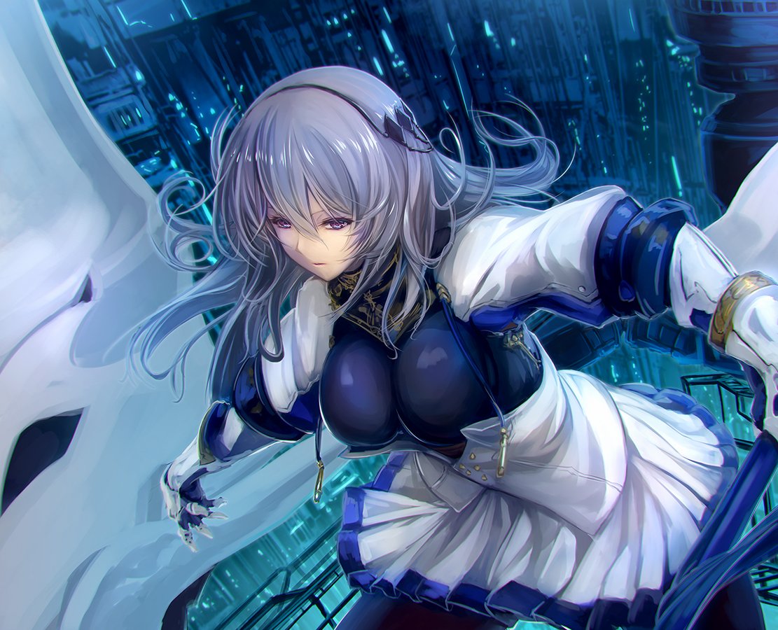 1girl azur_lane bangs breasts brown_legwear corset diamond_(shape) fleur_de_lis floating_hair gauntlets grey_hair hair_between_eyes hair_ornament half-closed_eyes holding holding_spear holding_weapon impossible_clothes large_breasts left-handed long_hair looking_away machinery miniskirt mole mole_under_eye pantyhose parted_lips pleated_skirt polearm red_eyes saint-louis_(azur_lane) serious sidelocks skirt solo spear tenmaso weapon white_footwear white_skirt