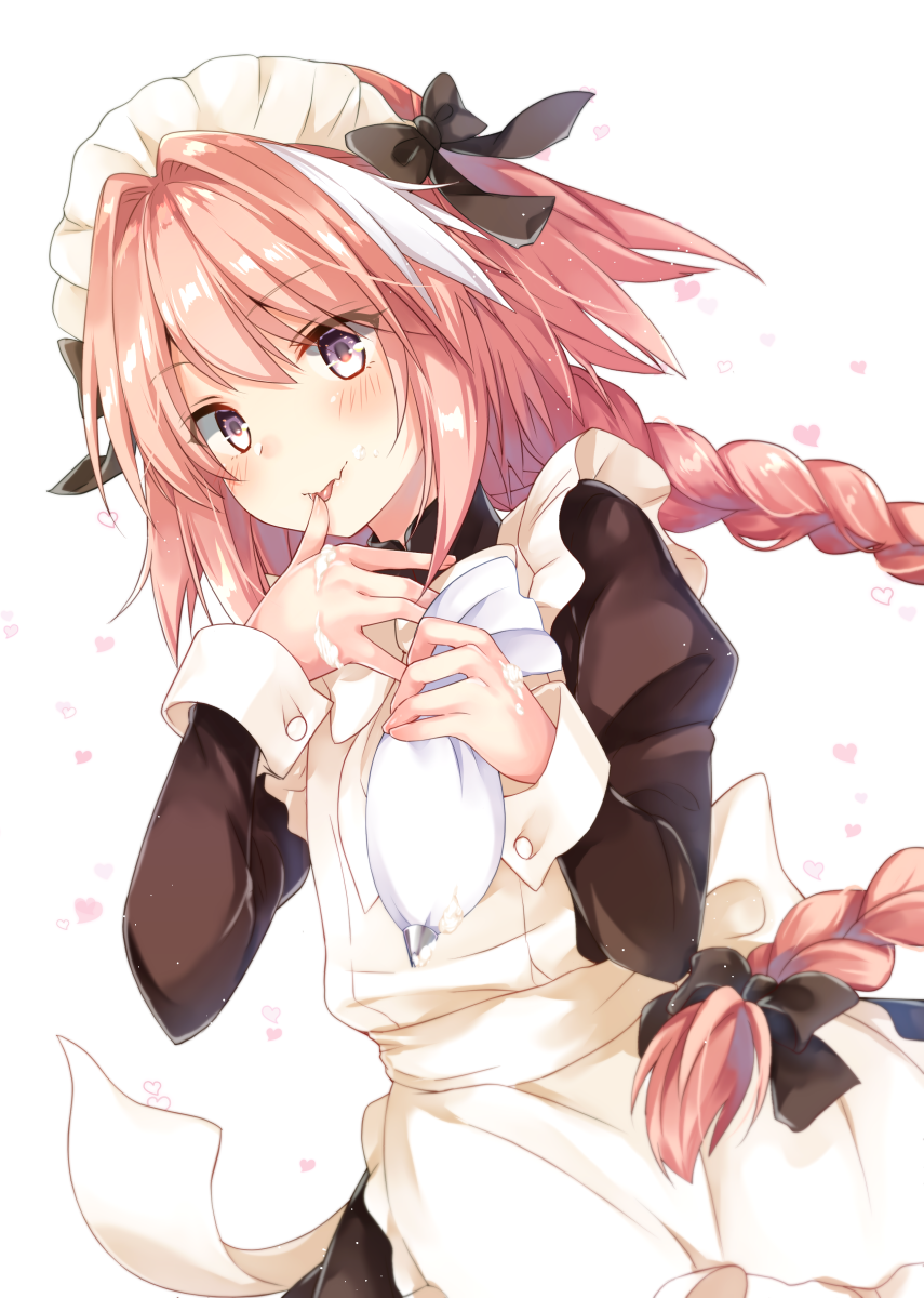 1boy alternate_costume apron astolfo_(fate) bangs black_bow blush bow braid commentary dutch_angle eyebrows_visible_through_hair fang fate/apocrypha fate_(series) finger_licking food food_on_face frills gomano_rio hair_bow hair_intakes heart highres icing juliet_sleeves licking light_smile long_hair long_sleeves looking_at_viewer maid_headdress multicolored_hair otoko_no_ko pink_hair puffy_sleeves single_braid solo streaked_hair tongue violet_eyes white_background wrist_cuffs