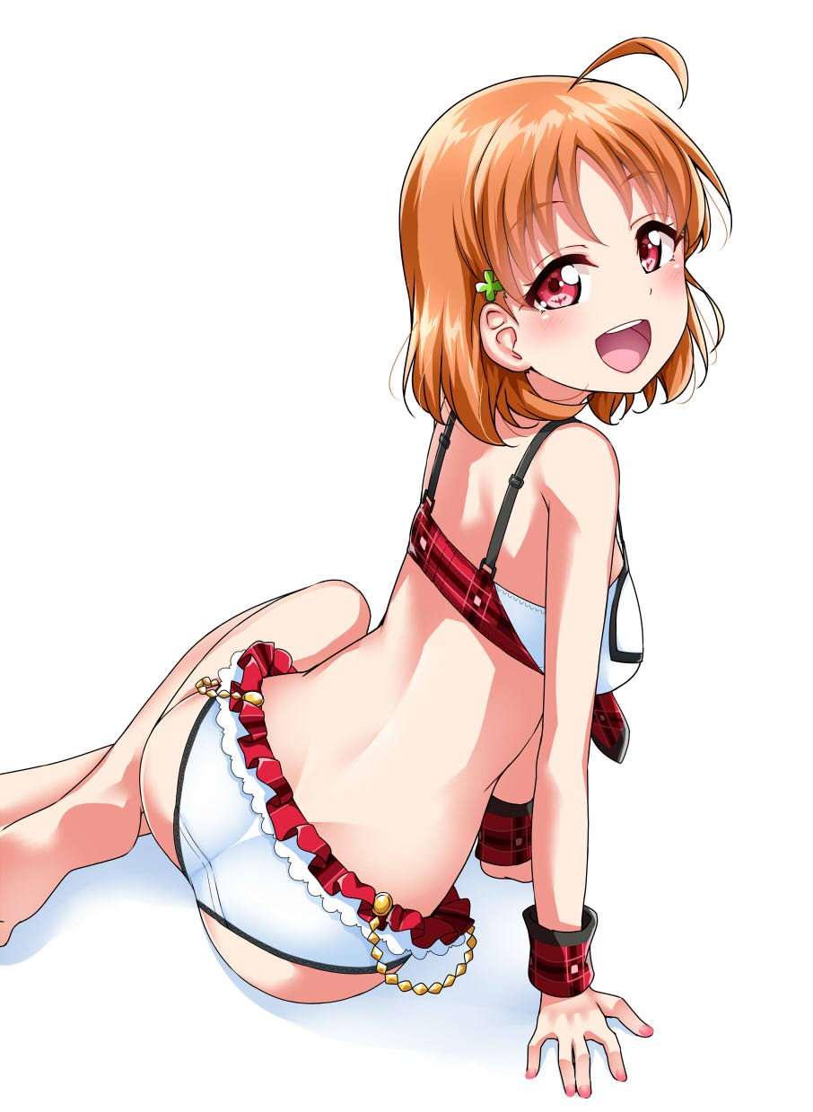 1girl :d adapted_costume ahoge arm_support ass bangs barefoot blush bra breasts clover_hair_ornament commentary_request four-leaf_clover_hair_ornament frilled_panties frills from_behind genki_zenkai_day!_day!_day! hair_ornament highres lingerie looking_at_viewer looking_back love_live! love_live!_sunshine!! medium_breasts nail_polish open_mouth orange_hair panties pink_nails plaid plaid_bra red_eyes short_hair sitting smile solo takami_chika underwear underwear_only white_background wrist_cuffs yopparai_oni