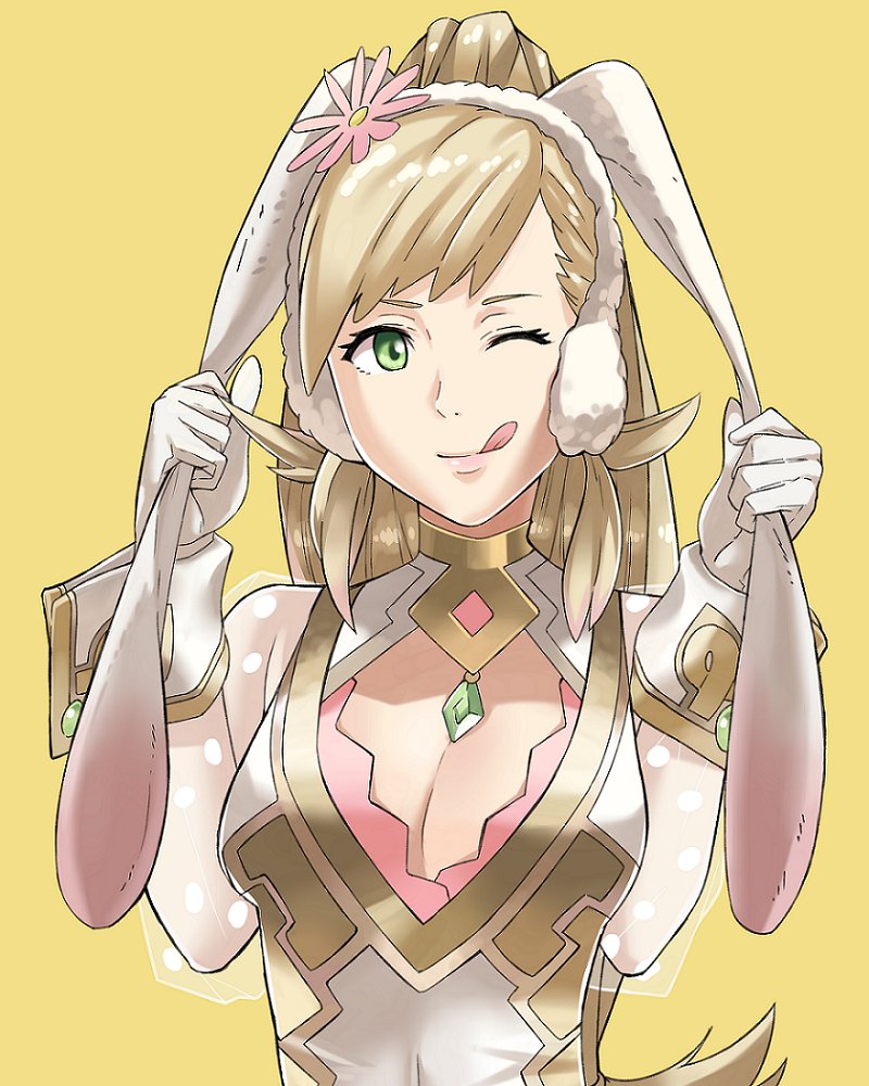1girl animal_ears blonde_hair bunny_girl bunny_tail bunnysuit detached_collar earmuffs fake_animal_ears fire_emblem fire_emblem_heroes green_eyes j@ck leotard long_hair looking_at_viewer open_mouth rabbit_ears sharena simple_background smile solo strapless strapless_leotard tail white_background