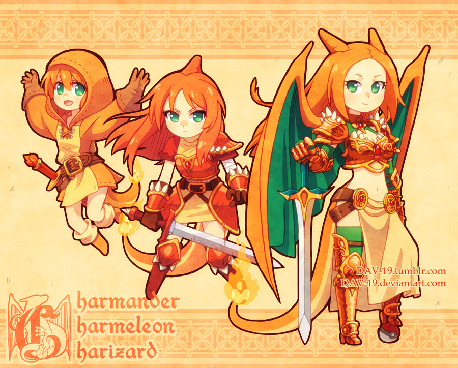 3girls bandage bandaged_arm bangs beanie beige_background belt breasts brown_gloves buckle character_name charizard charmander charmeleon child cleavage closed_mouth dav-19 evolution fiery_tail fighting_stance fire flat_chest gauntlets gen_1_pokemon gloves green_eyes hair_between_eyes happy hat holding holding_sword holding_weapon horn horns jumping long_hair long_sleeves looking_at_viewer midriff multiple_girls navel orange_hair parted_bangs personification poke_ball poke_ball_(generic) pokemon serious shoes short_sleeves shoulder_blades small_breasts spikes standing sword tail watermark weapon web_address