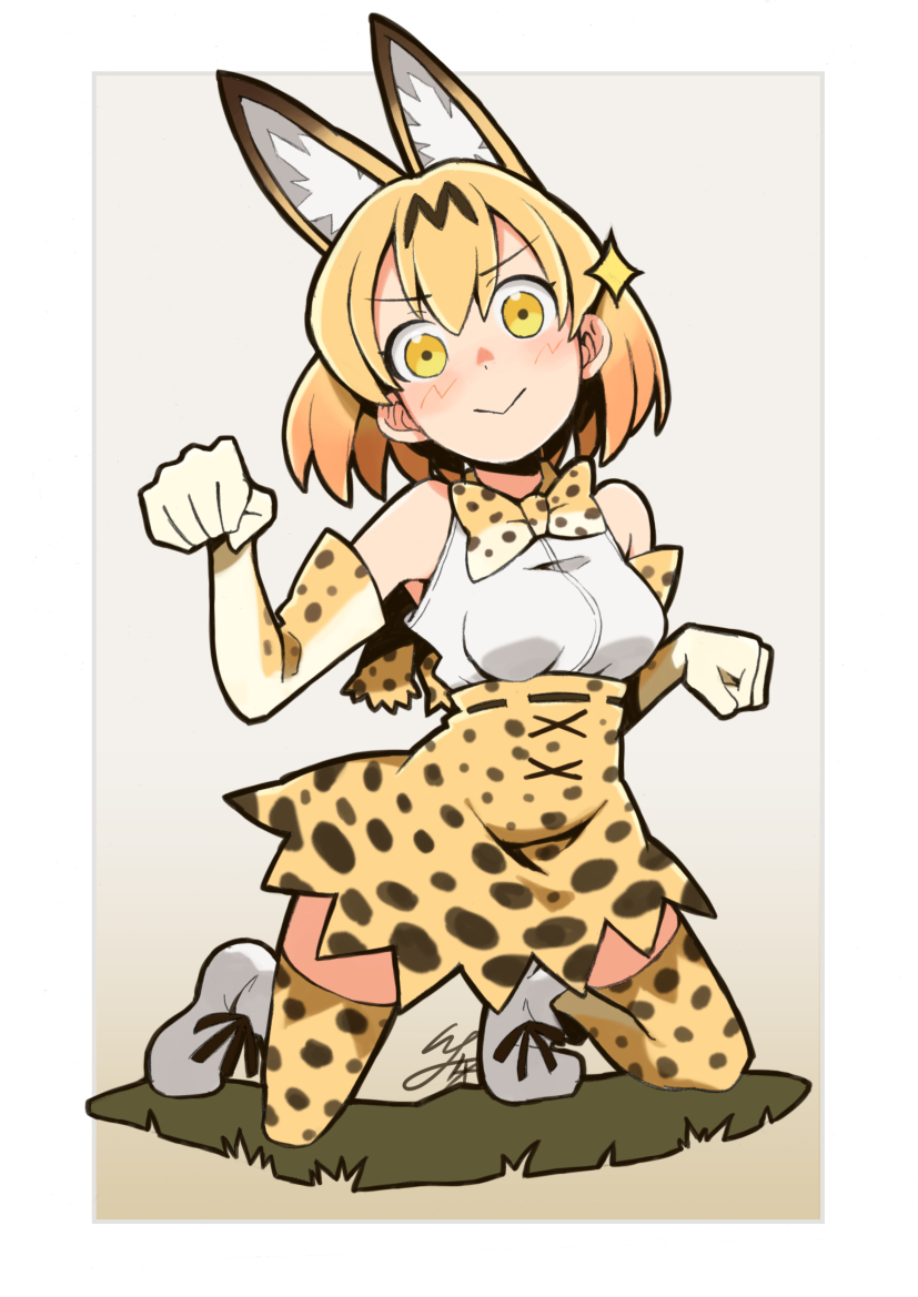 1girl :&gt; animal_ears animal_print bangs bare_shoulders belt black_belt black_hair blonde_hair blush bob_cut boots bow breasts closed_mouth elbow_gloves eyebrows eyebrows_visible_through_hair facing_away full_body gloves gradient gradient_background hair_between_eyes head_tilt high-waist_skirt io_naomichi kemono_friends kneeling looking_at_viewer medium_breasts multicolored multicolored_bow multicolored_clothes multicolored_gloves multicolored_hair multicolored_neckwear paw_pose serval_(kemono_friends) serval_ears serval_print shirt short_hair skirt sleeveless sleeveless_shirt solo sparkle thigh-highs two-tone_hair v-shaped_eyebrows white_bow white_footwear white_gloves white_neckwear white_shirt yellow_bow yellow_eyes yellow_gloves yellow_legwear yellow_neckwear yellow_skirt zettai_ryouiki