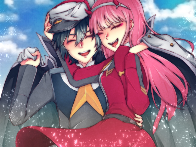 1boy 1girl black_hair closed_eyes coat commentary couple darling_in_the_franxx english_commentary hairband hand_on_another's_head hat hiro_(darling_in_the_franxx) holding_clothes horns long_hair military military_uniform necktie oni_horns open_clothes open_coat orange_neckwear peaked pink_hair short_hair uniform user_nprw3335 white_hairband zero_two_(darling_in_the_franxx)