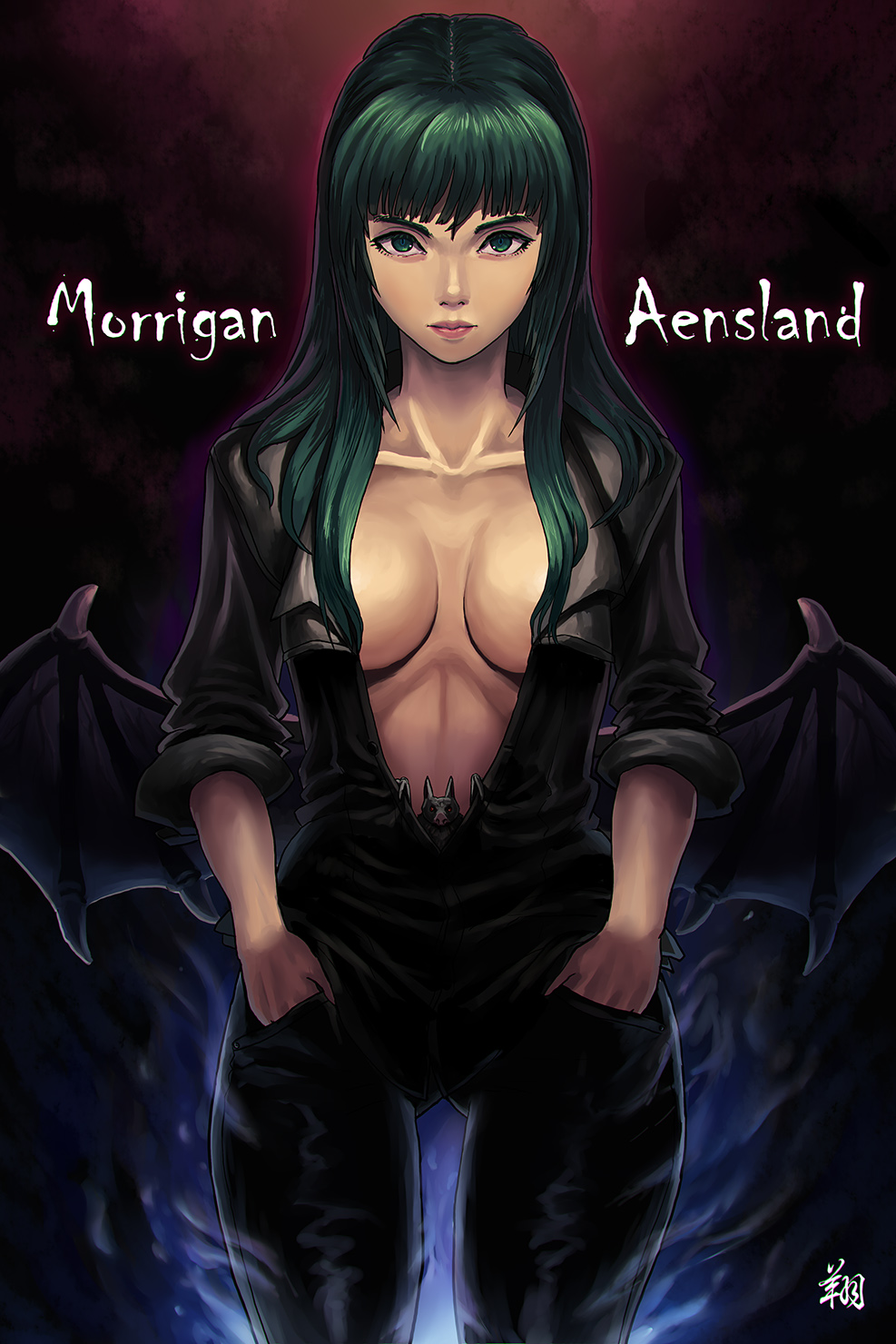 1girl bat bat_wings black_shirt breasts casual cleavage collarbone facing_viewer green_eyes green_hair hands_in_pockets highres lips looking_at_viewer low_wings morrigan_aensland no_bra pants plunging_neckline ryu_shou shirt sleeves_pushed_up solo unbuttoned unbuttoned_shirt vampire_(game) wings