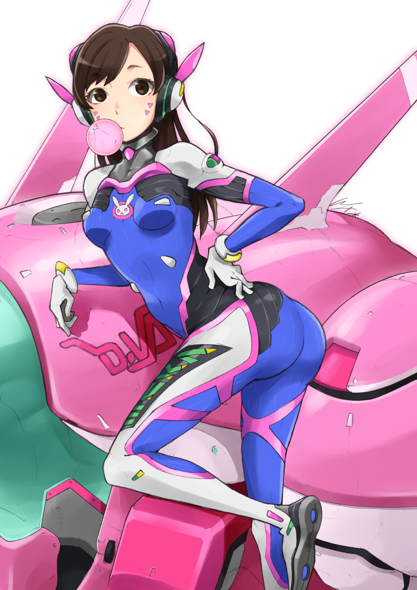 1girl ass bangs blue_bodysuit bodysuit breasts brown_eyes brown_hair bubble_blowing chewing_gum covered_navel d.va_(overwatch) eyebrows eyebrows_visible_through_hair facial_mark gloves hand_on_hip headphones io_naomichi leg_up long_hair mecha meka_(overwatch) overwatch rabbit ribbed_bodysuit simple_background small_breasts solo straight_hair swept_bangs turtleneck whisker_markings white_background white_gloves