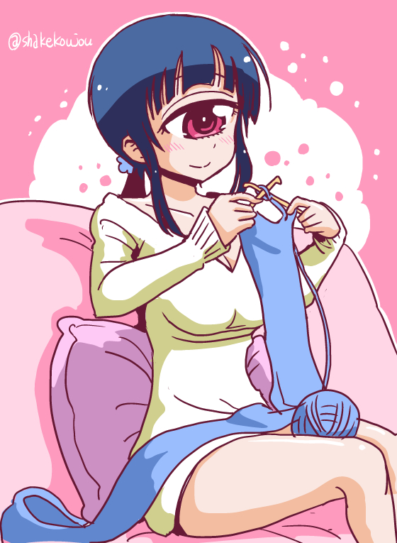 1girl bangs blue_hair blunt_bangs blush breasts cleavage closed_mouth couch cushion cyclops feet_out_of_frame hands_up hitomi_sensei_no_hokenshitsu holding knitting long_hair long_sleeves manaka_hitomi one-eyed pink_background pink_eyes ponytail shake-o sitting smile solo sweater twitter_username yarn yarn_ball yellow_sweater
