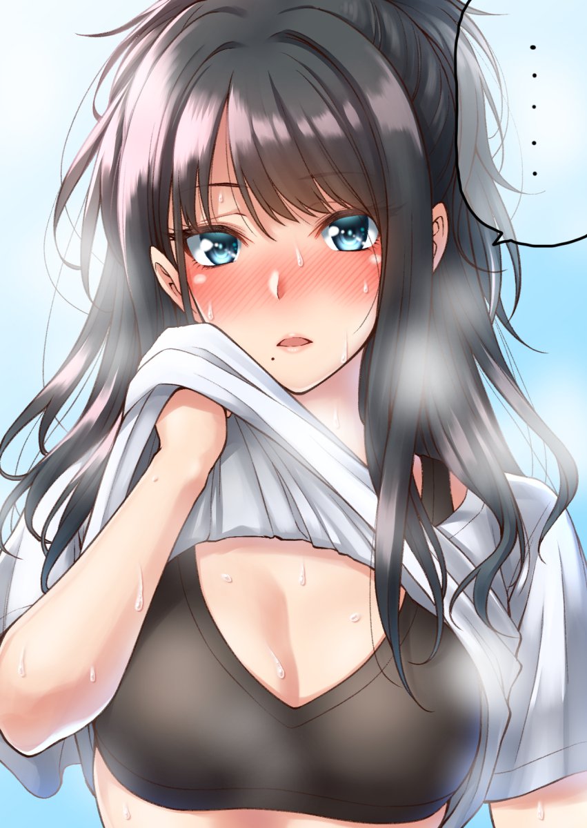 1girl black_bra black_eyes black_hair blush bra breasts commentary_request highres hot idolmaster idolmaster_shiny_colors kazano_hiori lifted_by_self long_hair looking_at_viewer medium_breasts mole mole_under_mouth parted_lips ponytail shirt_lift shouji_nigou solo steam sweat sweating underwear upper_body wiping_sweat