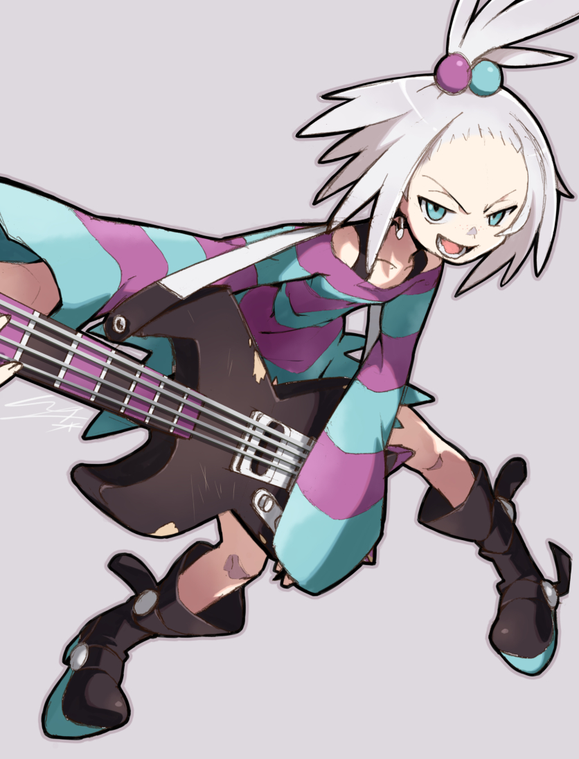 1girl :d black_footwear blue_dress blue_eyes boots collarbone dress earrings electric_guitar eyebrows fingernails flat_chest forehead freckles guitar gym_leader hair_bobbles hair_ornament half-closed_eyes holding holding_instrument homika_(pokemon) hoop_earrings horizontal_stripes instrument io_naomichi jewelry legs_apart long_sleeves multicolored multicolored_clothes multicolored_dress open_mouth pigeon-toed pokemon pokemon_(game) pokemon_bw2 purple_dress short_hair silver_hair smile solo standing striped striped_dress teeth tongue topknot tsurime two-tone_dress v-shaped_eyebrows