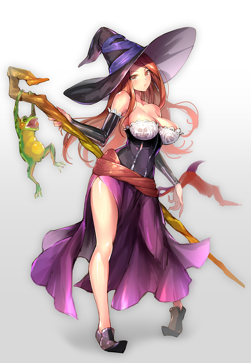 1girl bare_shoulders breasts brown_eyes brown_hair cleavage commentary_request detached_sleeves dragon's_crown dress full_body hat hat_over_one_eye highres holding large_breasts long_hair looking_at_viewer side_slit simple_background solo sorceress_(dragon's_crown) staff standing strapless strapless_dress suishougensou thick_thighs thighs witch_hat