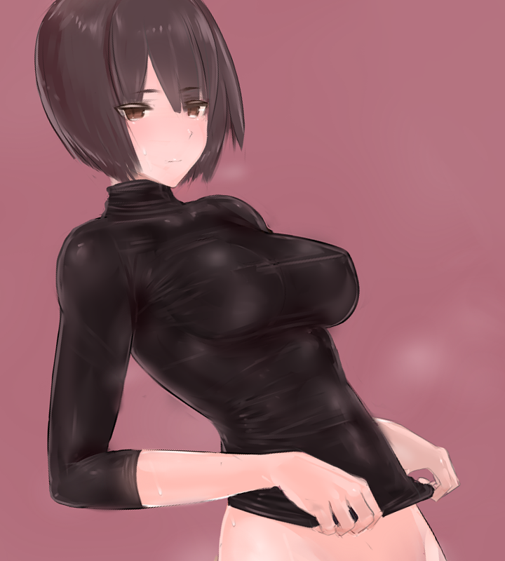 1girl blush breasts brown_eyes brown_hair covered_nipples hyuuga_(kantai_collection) kantai_collection large_breasts looking_at_viewer shiny short_hair skin_tight solo undershirt uni96_(uknee96)