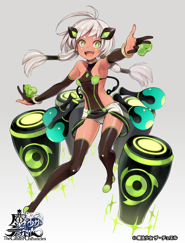 1girl armpits bangs bare_shoulders black_footwear black_gloves black_hair black_legwear boots breasts character_request commentary_request copyright_name drum elbow_gloves gloves gradient gradient_background green_eyes grey_background hair_ornament instrument long_hair looking_at_viewer low_twintails medium_breasts official_art partly_fingerless_gloves short_shorts shorts silver_hair solo the_caster_chronicles thigh-highs thigh_boots twintails very_long_hair white_background white_shorts yuko_(uc_yuk)