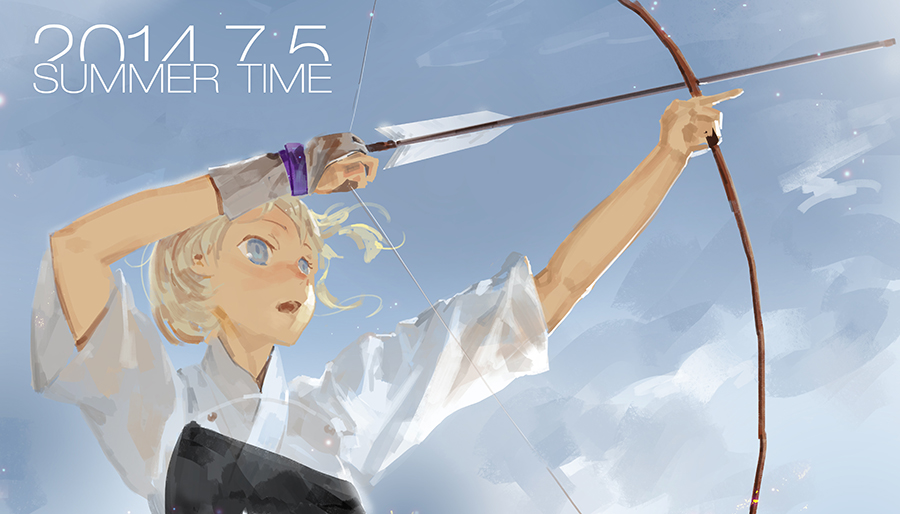 1girl arrow blonde_hair blue_eyes blue_sky bow_(weapon) clouds cloudy_sky dated day el-zheng english floating_hair holding holding_bow_(weapon) holding_weapon muneate open_mouth original outdoors short_sleeves sky solo summer weapon yumi_(bow)