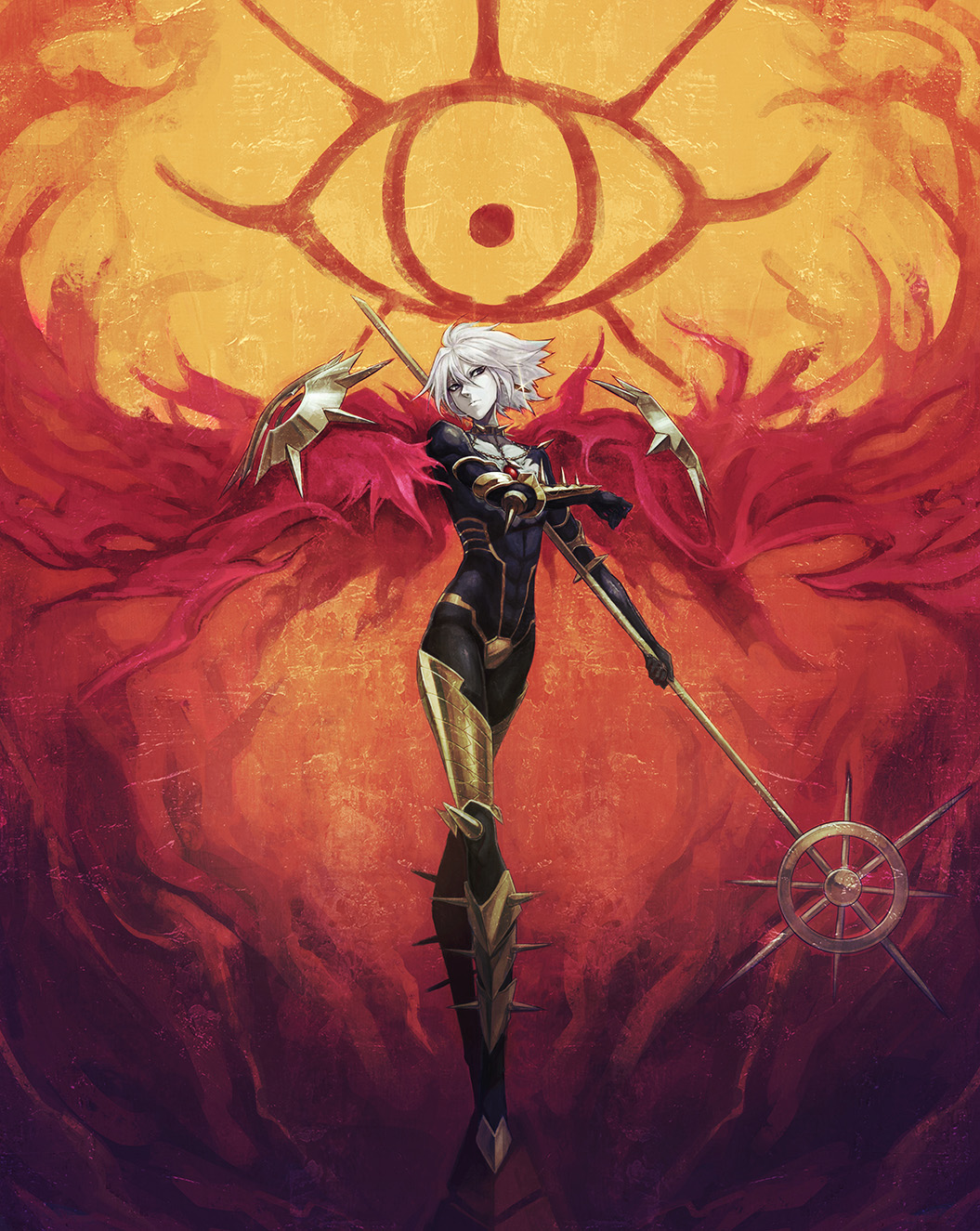 1boy a-er_(akkij0358) black_bodysuit bodysuit cape closed_mouth commentary_request fate/apocrypha fate_(series) full_body grey_hair hair_between_eyes highres holding holding_weapon karna_(fate) looking_at_viewer male_focus pale_skin red_cape skin_tight solo spikes weapon