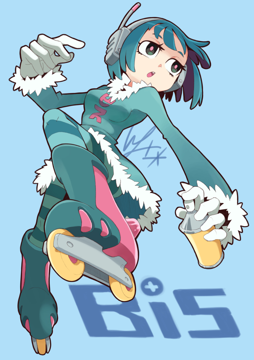 1girl :o aqua_dress aqua_footwear aqua_legwear bangs bis_(jsr) blue_background blue_hair breasts character_name dress eyebrows eyelashes facing_away full_body fur-trimmed_dress fur-trimmed_sleeves fur_trim gloves green_eyes hand_up headphones holding horizontal-striped_legwear horizontal_stripes io_naomichi jet_set_radio long_sleeves looking_away medium_breasts open_mouth pantyhose pink_pupils roller_skates short_hair skates solo spray_can striped striped_legwear tongue white_gloves