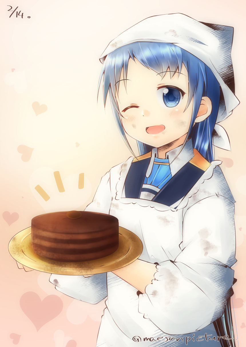 1girl ;d apron bangs blue_eyes blue_hair blush cake chocolate_cake dated dirty_clothes eyebrows_visible_through_hair food gradient gradient_background heart highres kantai_collection kappougi long_hair mae_(maesanpicture) no_gloves notice_lines one_eye_closed open_mouth sailor_collar samidare_(kantai_collection) smile solo swept_bangs tenugui tray twitter_username upper_body very_long_hair