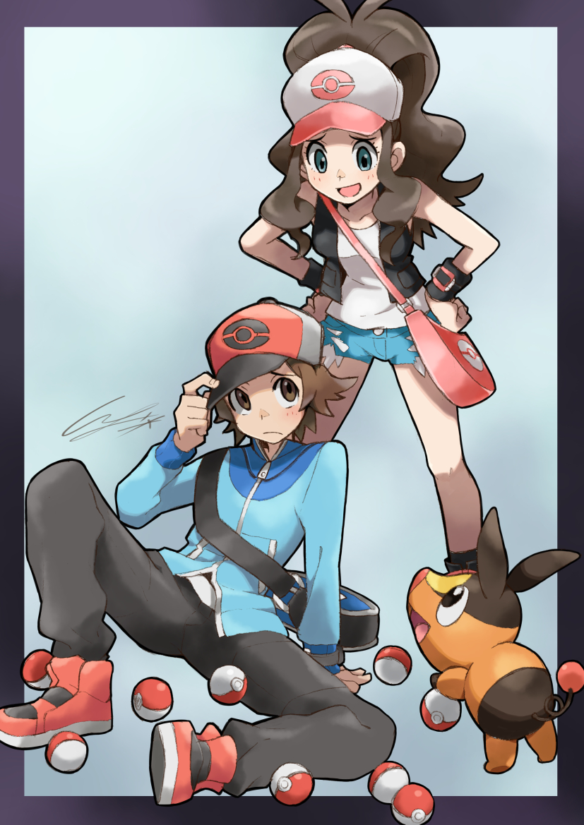 1boy 1girl :d adjusting_clothes adjusting_hat antenna_hair bag baseball_cap black_legwear black_pants black_vest blue_background blue_eyes blue_jacket blue_shorts blush border breasts brown_eyes brown_hair c-gear closed_mouth collarbone cutoffs eyebrows eyelashes fingernails frown full_body furrowed_eyebrows gen_5_pokemon hand_up handbag hands_on_hips hat high_ponytail io_naomichi jacket legs_apart long_hair long_sleeves looking_at_another open_clothes open_mouth open_vest pants pig poke_ball poke_ball_(generic) poke_ball_theme pokemon pokemon_(creature) pokemon_(game) pokemon_bw red_footwear shirt short_hair shorts sidelocks sitting small_breasts smile socks standing tank_top tepig touko_(pokemon) touya_(pokemon) track_jacket vest white_hat white_shirt wristband zipper_pull_tab