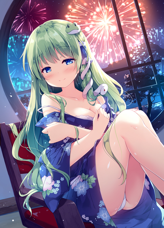 1girl ass bare_legs bare_shoulders blue_eyes blue_kimono blush bra breasts chair cleavage collarbone commentary_request dutch_angle eyebrows_visible_through_hair fireworks floral_print frog_hair_ornament green_hair hair_ornament hair_tubes japanese_clothes kimono knees_up kochiya_sanae long_hair looking_at_viewer medium_breasts miyase_mahiro night night_sky off_shoulder panties pantyshot pantyshot_(sitting) sidelocks sitting sky smile snake_hair_ornament solo strap_slip touhou tree underwear white_bra white_panties window