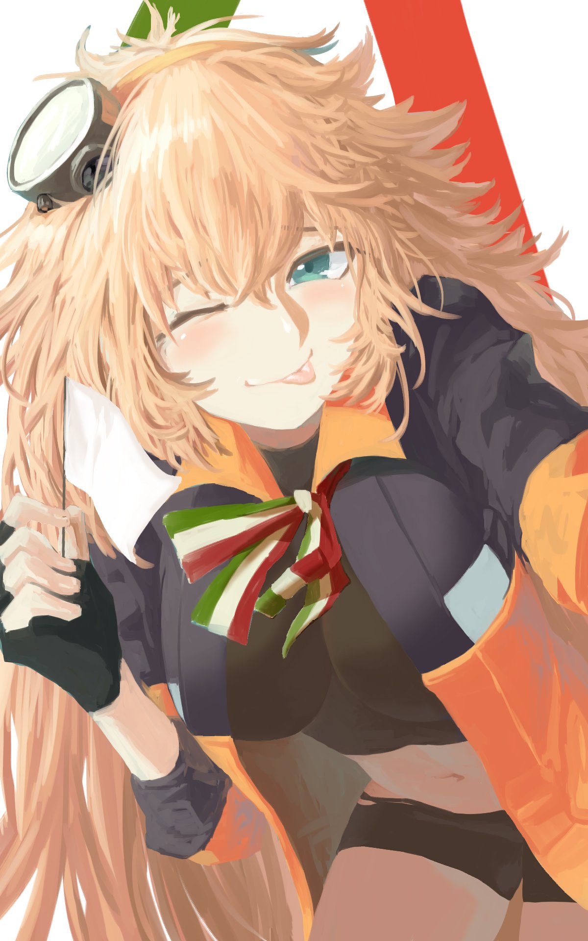 1girl bangs bike_shorts black_gloves blonde_hair blush breasts eyebrows_visible_through_hair fingerless_gloves flag girls_frontline gloves green_eyes hair_between_eyes hairband hand_up highres holding holding_flag italian_flag large_breasts long_hair looking_at_viewer messy_hair navel one_eye_closed orange_hairband reaching_out s.a.t.8_(girls_frontline) sd_bigpie sidelocks simple_background skirt smile solo stomach thighs tongue tongue_out very_long_hair white_flag