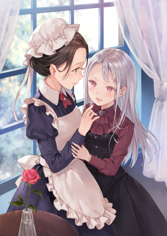 2girls apron black_dress black_skirt black_vest brown_hair brown_neckwear brown_shirt collared_dress collared_shirt commentary_request curtains day dress fangs fingernails flower frilled_apron frills fukahire_(ruinon) grey_eyes hand_up indoors juliet_sleeves long_hair long_sleeves maid maid_apron multiple_girls original parted_lips pleated_skirt puffy_sleeves red_eyes red_flower red_rose rose shirt silver_hair skirt smile table transparent vase very_long_hair vest water white_apron window yuri