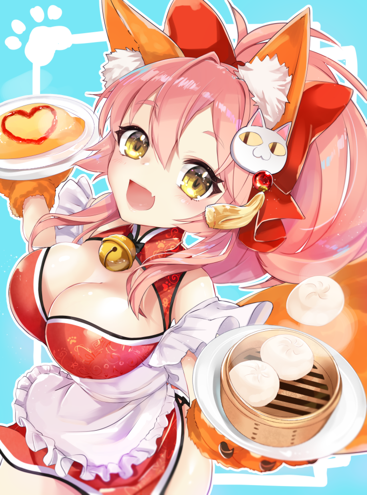 1girl animal_ears apron bare_shoulders bell bell_collar breasts cat_hair_ornament cat_paws china_dress chinese_clothes chinese_food cleavage_cutout collar collarbone dress fangs fate/grand_order fate_(series) food fox_ears fox_tail gloves hair_ornament hair_ribbon jingle_bell large_breasts long_hair looking_at_viewer maid maid_headdress naked_apron nekomiya_noru_(yuduki710) omelet open_mouth paw_gloves paws pink_hair ponytail red_ribbon ribbon solo tail tamamo_(fate)_(all) tamamo_cat_(fate)