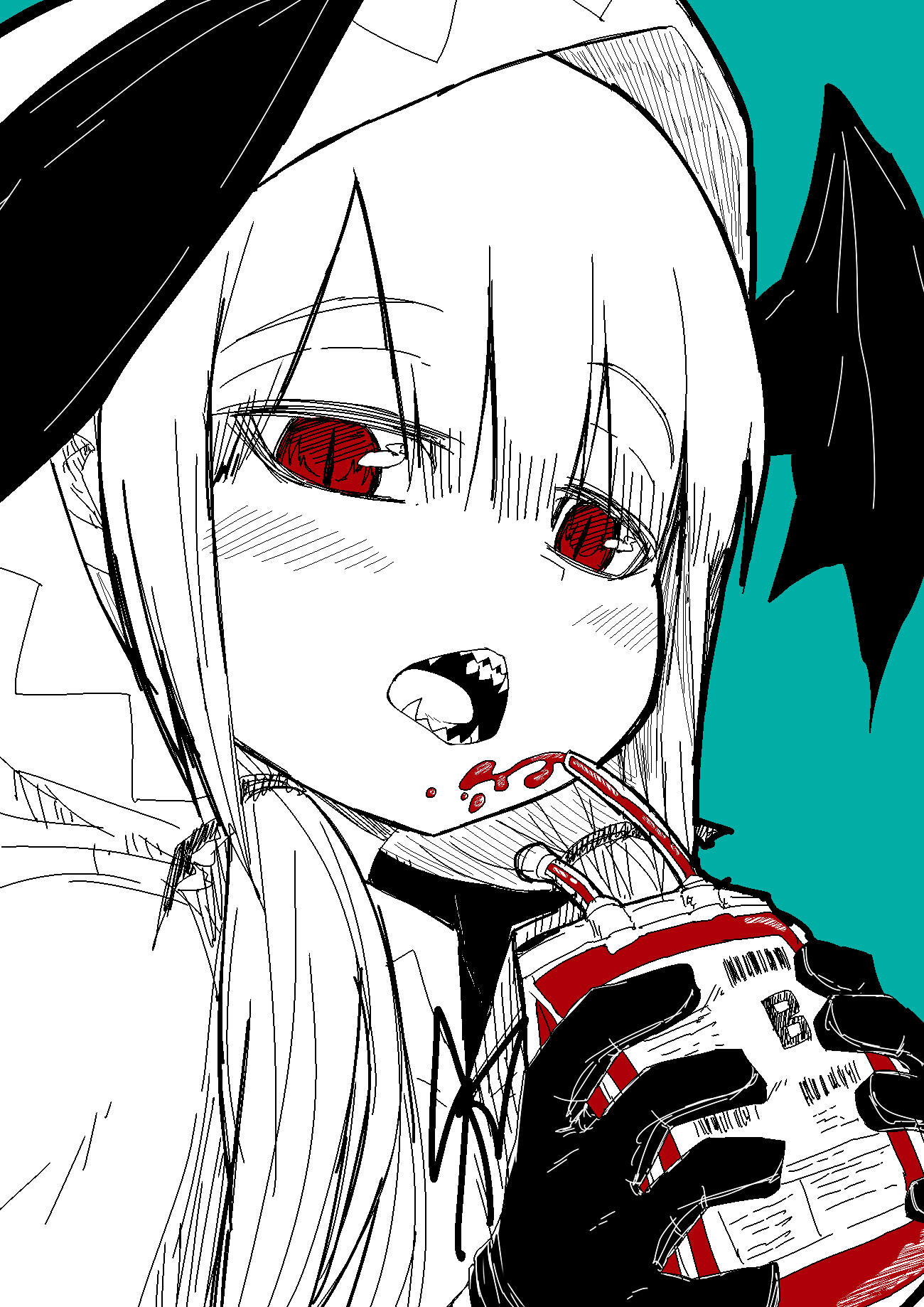 1girl bangs blood blood_bag blue_background blush copyright_request demon_girl eyebrows_visible_through_hair fangs gloves head_wings highres holding hood hood_up juugoya_(zyugoya) limited_palette looking_at_viewer low_twintails open_mouth red_eyes sharp_teeth simple_background slit_pupils solo spot_color teeth twintails upper_body