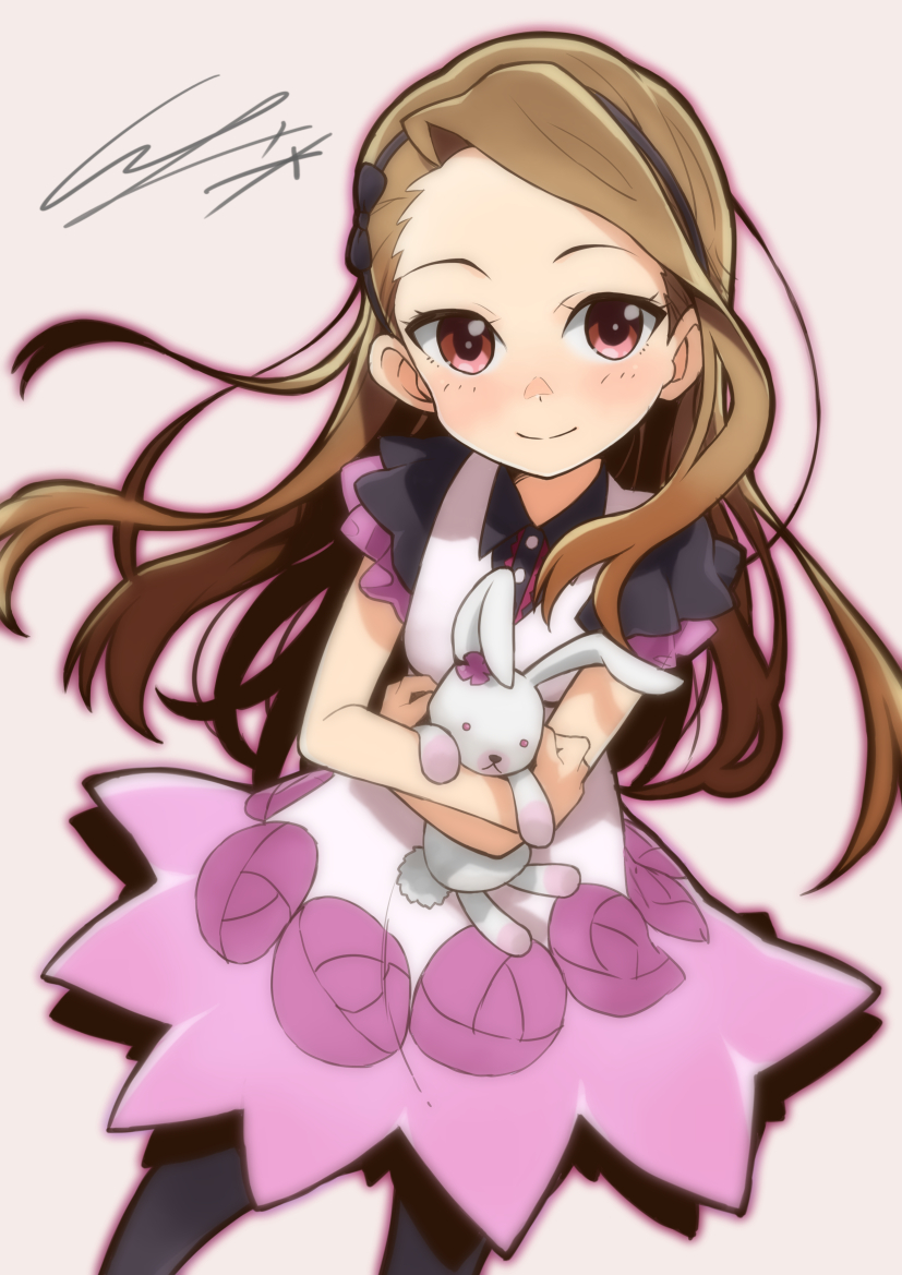 1girl bare_arms black_bow black_hairband black_legwear black_shirt blush bow breasts brown_hair buttons closed_mouth collared_shirt cowboy_shot dress dress_shirt eyebrows eyelashes floating_hair forehead hairband holding holding_stuffed_animal idolmaster idolmaster_(classic) legs_apart long_hair looking_at_viewer minase_iori outline pantyhose pink_dress pink_eyes pink_outline shirt single_hair_intake small_breasts smile solo standing straight_hair stuffed_animal stuffed_bunny stuffed_toy undershirt