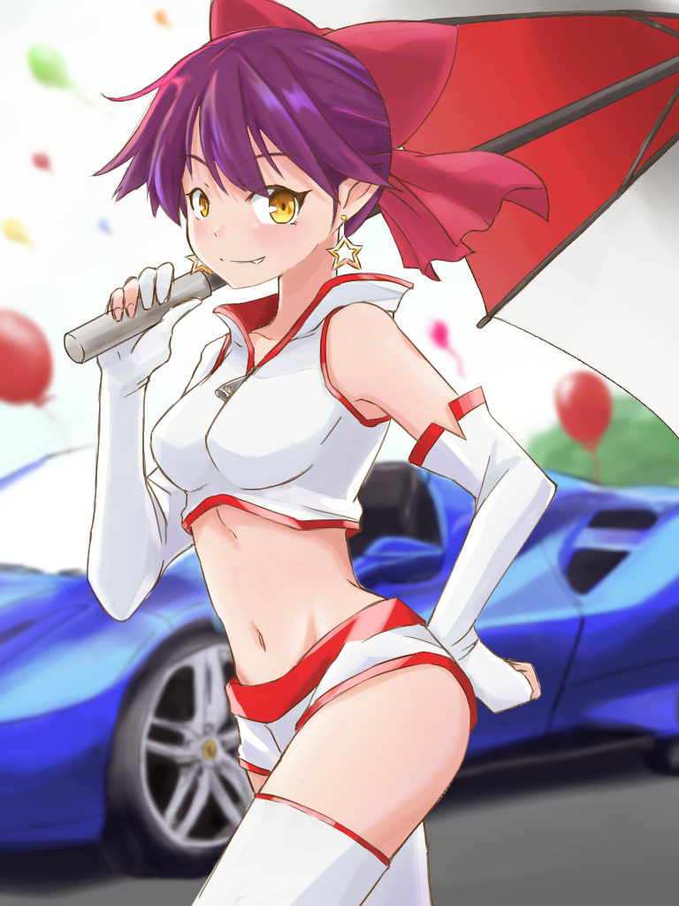 1girl alternate_costume balloon blush bow car choker cropped_jacket earrings elbow_gloves fang_out from_side gegege_no_kitarou gloves ground_vehicle hair_bow hand_on_hip holding holding_umbrella jacket jewelry looking_at_viewer motor_vehicle navel nekomusume nekomusume_(gegege_no_kitarou_6) outdoors partly_fingerless_gloves pointy_ears purple_hair racequeen red_bow short_hair short_shorts shorts solo star star_earrings stomach thigh-highs umbrella white_gloves white_jacket white_legwear white_shorts wind yellow_eyes yuuka_(a0240765)