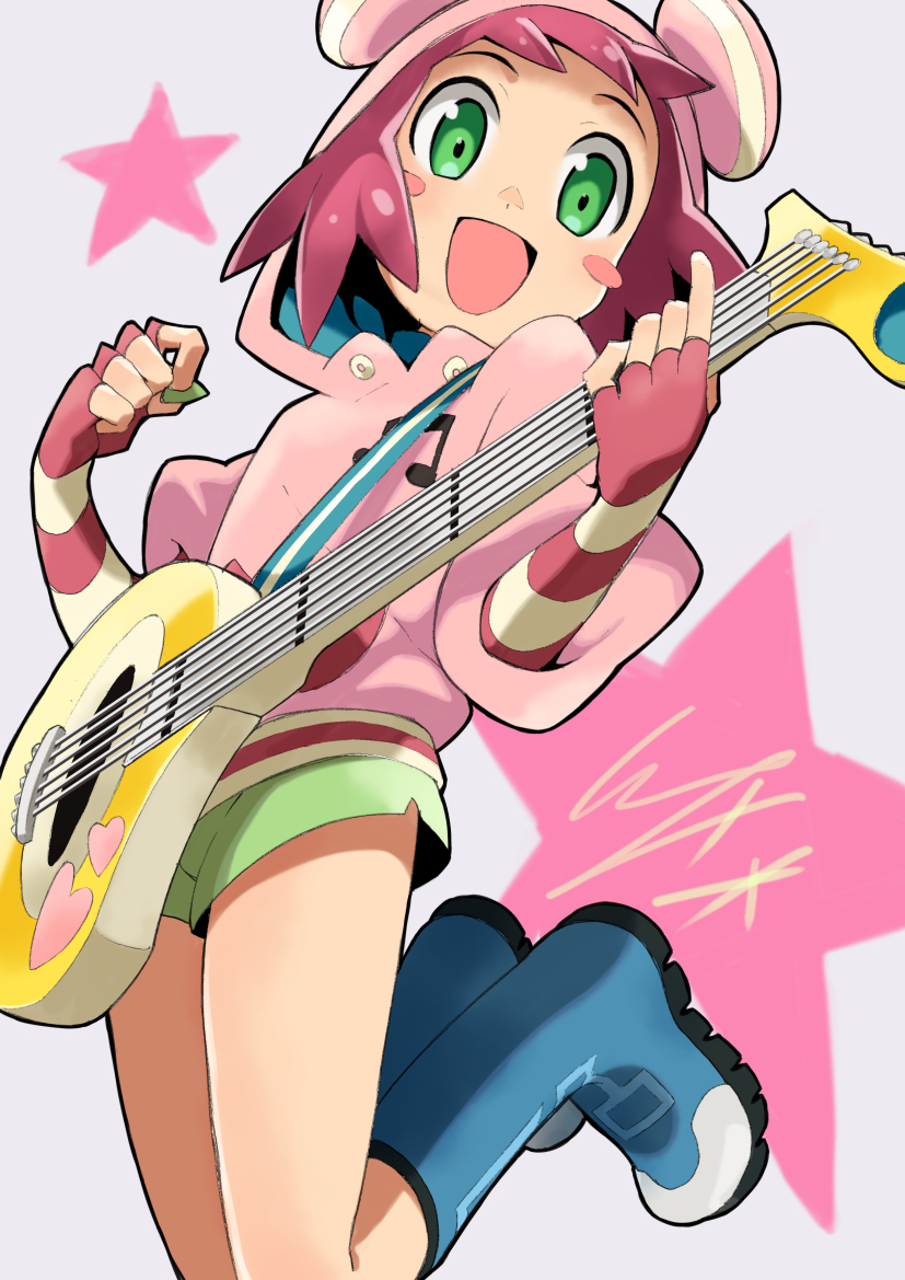 1girl :d bangs beamed_eighth_notes blue_footwear blush_stickers boots elbow_gloves eyebrows fingerless_gloves gloves green_eyes green_shorts guitar heart hibiki_misora holding holding_instrument hood hood_up hoodie instrument io_naomichi legs_up midair multicolored multicolored_clothes multicolored_gloves musical_note open_mouth pink_gloves pink_hair pink_hoodie plectrum rockman ryuusei_no_rockman short_hair shorts smile solo star striped striped_gloves white_gloves