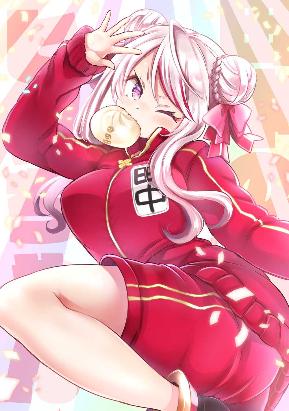 1girl bangs baozi braid chinese_clothes commentary double_bun food food_in_mouth hair_ribbon hand_up highlights highres hime_channel jacket kamiya_zuzu long_sleeves multicolored_hair name_tag one_eye_closed one_leg_raised pink_hair pink_ribbon red_shorts red_track_suit redhead ribbon shorts sleeves_past_wrists solo tanaka_hime track_jacket track_suit virtual_youtuber