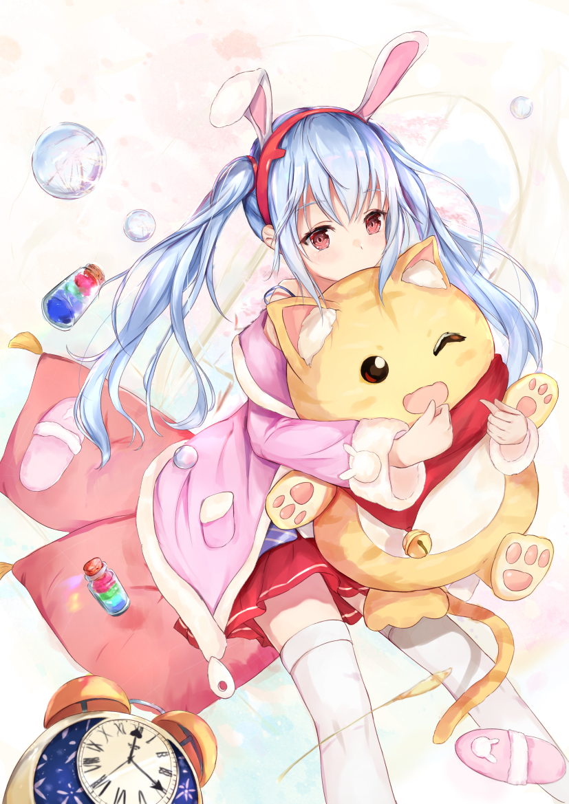 1girl ;d alarm_clock animal_ears azur_lane bangs bell blue_sky blush bottle brown_eyes bubble clock commentary_request covered_mouth eyebrows_visible_through_hair hair_between_eyes hairband hanagin jacket jingle_bell laffey_(azur_lane) long_hair long_sleeves looking_at_viewer object_hug one_eye_closed open_clothes open_jacket open_mouth pillow pink_footwear pink_jacket pleated_skirt rabbit_ears red_hairband red_skirt roman_numerals silver_hair sitting skirt sky slippers slippers_removed smile solo stuffed_animal stuffed_cat stuffed_toy thigh-highs twintails very_long_hair white_legwear window