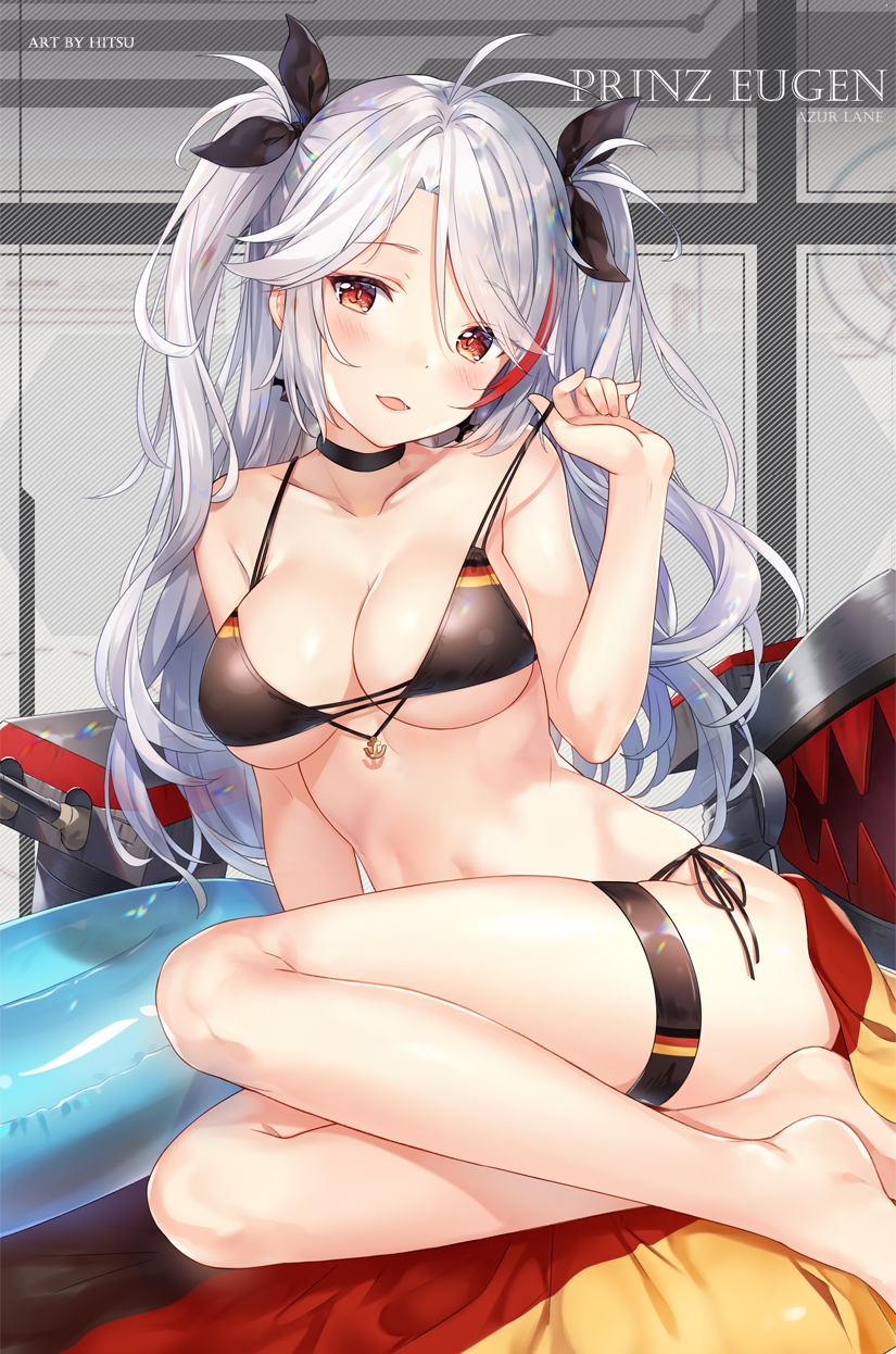 1girl :d arm_behind_back arm_support artist_name azur_lane bangs bare_legs bare_shoulders barefoot beach_towel bikini bikini_tug black_bikini black_ribbon blush breasts cannon character_name choker cleavage collarbone eyebrows_visible_through_hair flag_print german_flag_bikini hair_between_eyes hair_ribbon head_tilt highres hitsukuya innertube large_breasts long_hair looking_at_viewer machinery multicolored_hair navel open_mouth prinz_eugen_(azur_lane) redhead ribbon rigging shiny shiny_skin side-tie_bikini silver_hair sitting skindentation smile solo stomach streaked_hair sweat swimsuit thigh_strap thighs towel turret two_side_up very_long_hair yokozuwari