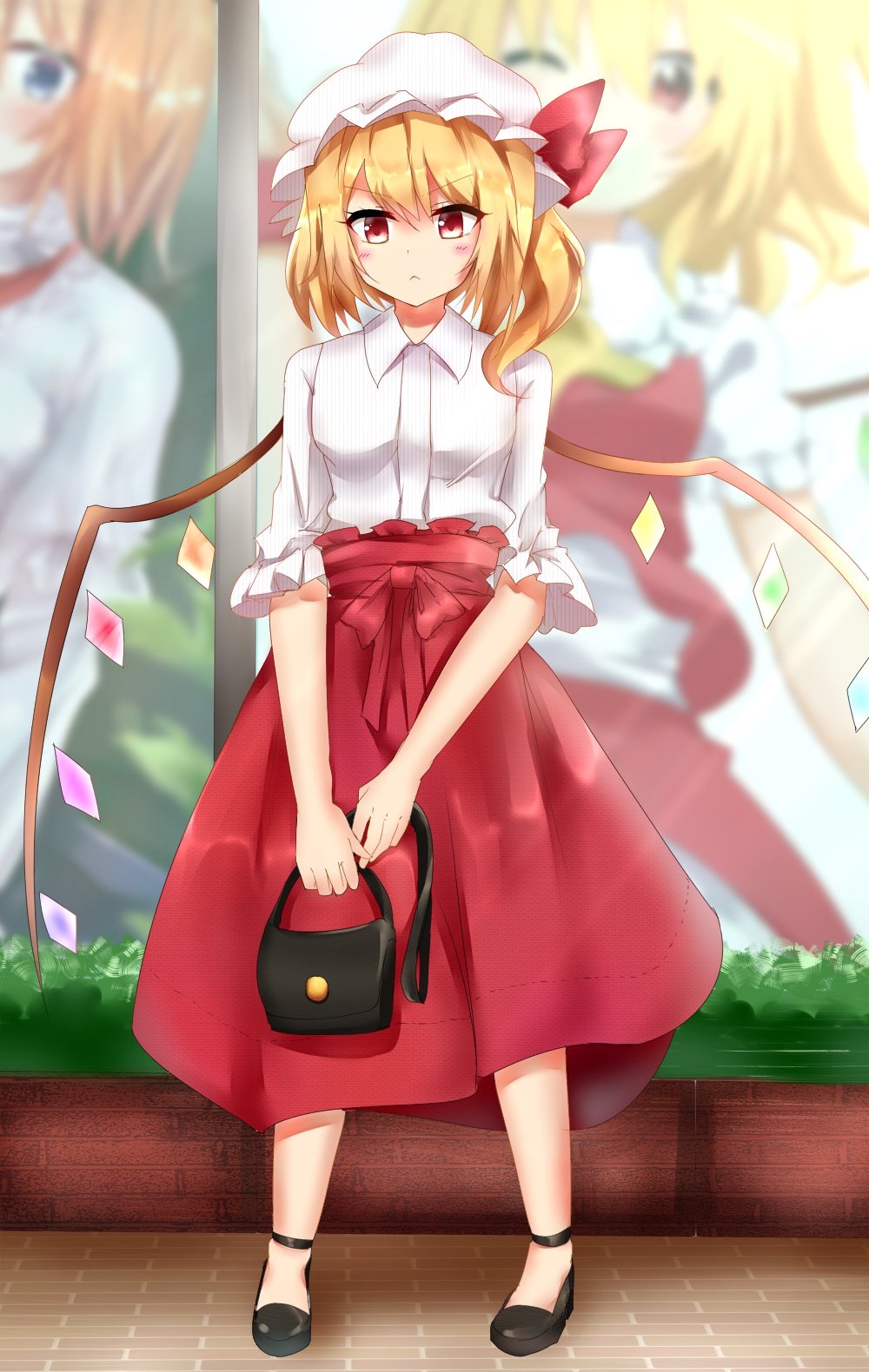 1girl :&lt; alice_margatroid alternate_costume alternate_footwear bag black_footwear blonde_hair blouse blurry blush breasts contemporary depth_of_field eyebrows_visible_through_hair flandre_scarlet frown full_body hair_between_eyes handbag hat hat_ribbon highres looking_at_viewer medium_sleeves mob_cap one_eye_closed picture_(object) planter puffy_short_sleeves puffy_sleeves red_eyes red_skirt red_vest ribbon sett shirt short_hair short_sleeves side_ponytail sidewalk skirt small_breasts solo standing storefront striped striped_hat striped_shirt touhou vest white_blouse wings yuki_(snowmaiden)