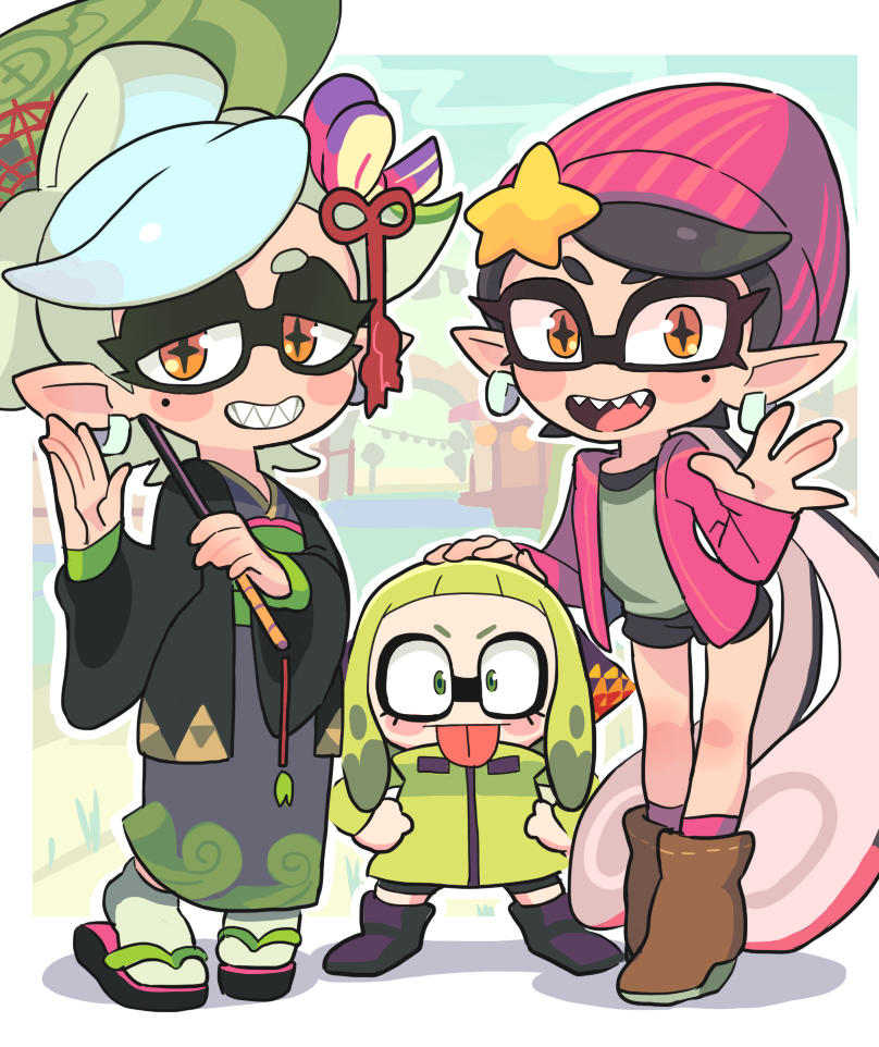 +_+ 3girls aori_(splatoon) beanie blush_stickers boots earrings eyelashes gashi-gashi hand_on_another's_head hat hotaru_(splatoon) inkling japanese_clothes jewelry kimono mole mole_under_eye multiple_girls open_mouth oriental_umbrella pointy_ears sandals sharp_teeth short_shorts shorts smile socks splatoon splatoon_2 squidbeak_splatoon symbol-shaped_pupils teeth tentacle_hair tongue tongue_out umbrella yellow_eyes