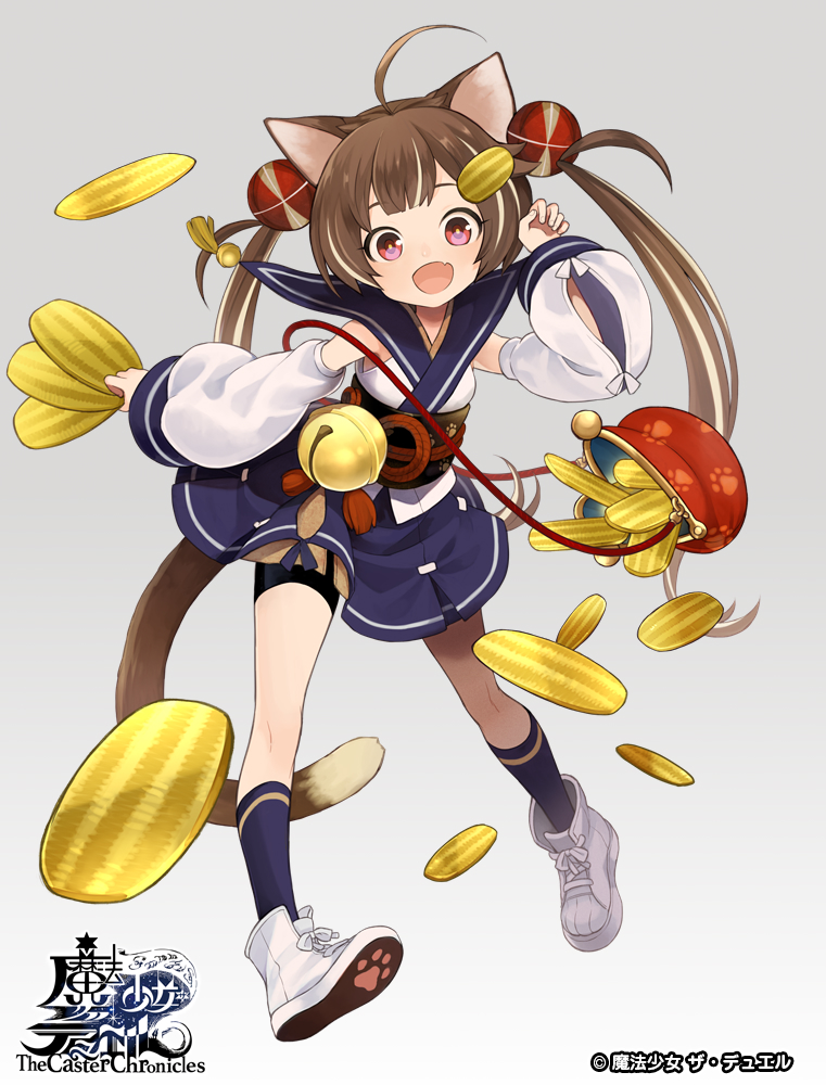 1girl :d animal_ears arm_up bell bike_shorts black_shorts blue_skirt boots cat_ears cat_girl cat_tail character_request chess_piece commentary_request copyright_name detached_sleeves fang fingernails gold gradient gradient_background grey_background hair_ornament jingle_bell kneehighs koban_(gold) long_hair long_sleeves navy_blue_legwear obi official_art open_mouth pawn pleated_skirt puffy_long_sleeves puffy_sleeves sash shirt shoe_soles short_shorts shorts skirt smile solo tail the_caster_chronicles twintails very_long_hair violet_eyes wallet white_background white_footwear white_shirt yuko_(uc_yuk)