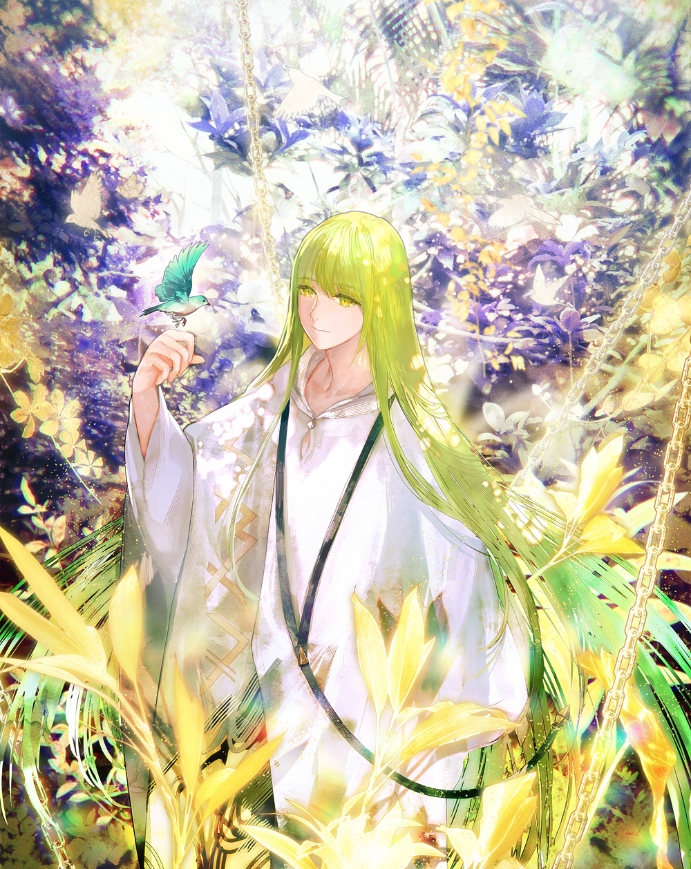 1boy bird bird_on_hand closed_mouth colorful commentary_request enkidu_(fate/strange_fake) fate/grand_order fate_(series) flower green_hair hand_up highres long_hair long_sleeves male_focus nature shutsuri smile solo standing very_long_hair white_robe wide_sleeves yellow_eyes