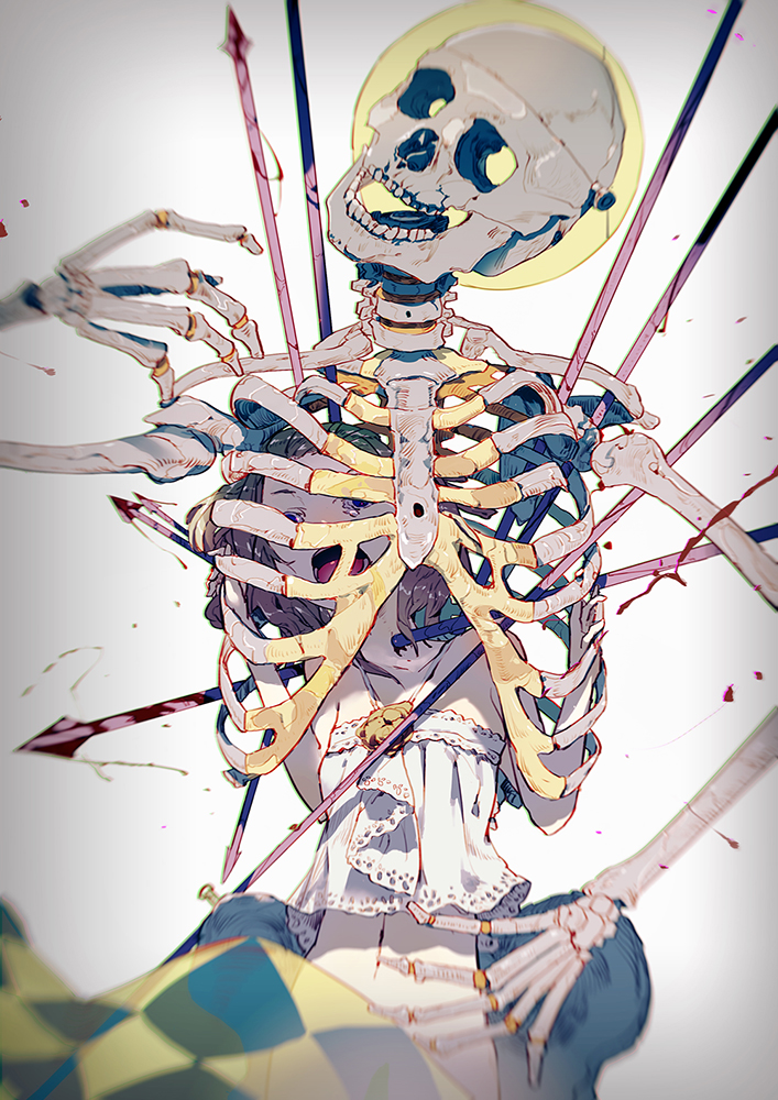 1girl arrow blood blood_splatter brown_hair commentary_request dying el-zheng grey_background hands_up looking_at_viewer open_mouth original screaming short_hair skeleton solo upper_body violet_eyes wide-eyed