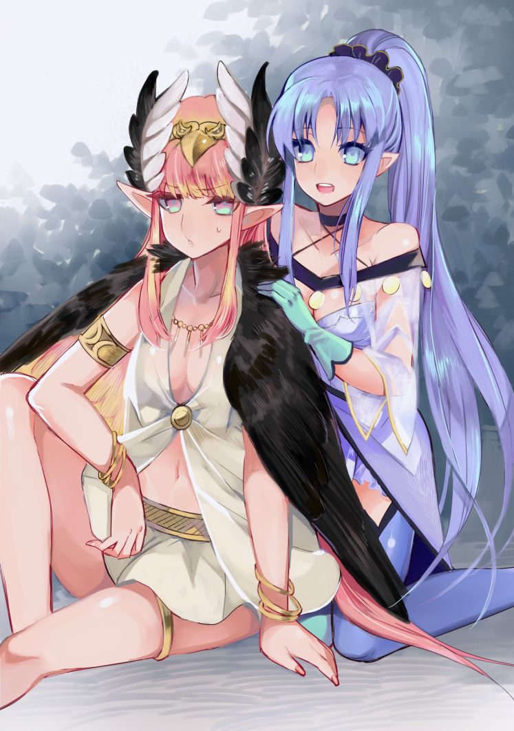 2girls :o armlet aunt_and_niece bare_shoulders black_wings blue_eyes blue_hair blush bracelet breasts capelet caster_lily choker circe_(fate/grand_order) cleavage commentary_request dress fate/grand_order fate_(series) feathered_wings gloves hair_ornament hair_scrunchie hairband hand_on_another's_shoulder head_wings hyakuichi jewelry kneeling long_hair medium_breasts mismatched_gloves mismatched_legwear multiple_girls navel pink_hair pointy_ears ponytail scrunchie see-through short_dress sidelocks sitting skirt small_breasts strapless strapless_dress sweatdrop thigh-highs thighlet very_long_hair white_skirt wings