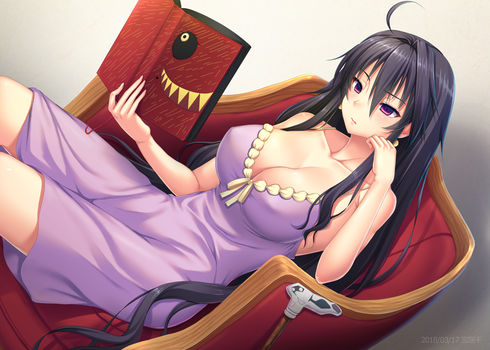 1girl ahoge bare_shoulders black_hair book breasts cane chin_rest cleavage commentary_request dronia_(refrain) dutch_angle hair_between_eyes holding holding_book large_breasts long_hair miyai_sen nightgown purple_nightgown reading refrain_no_chika_meikyuu_to_majo_no_ryodan sitting very_long_hair violet_eyes youro_rekitei