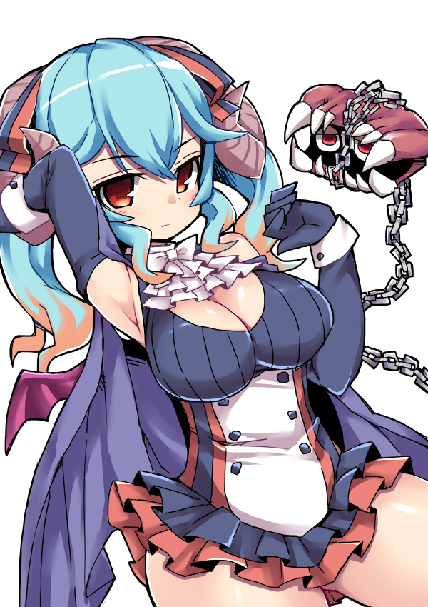 1girl armpits blue_hair breasts brown_hair cape chains cleavage cowboy_shot demon_horns demon_wings elbow_gloves gloves hair_ribbon hand_behind_head horns impossible_clothes lapis_(sennen_sensou_aigis) large_breasts long_hair looking_at_viewer multicolored_hair nemui_(nemui) purple_cape red_eyes ribbon sennen_sensou_aigis sidelocks solo standing teeth twintails two-tone_hair white_neckwear wings wrist_cuffs
