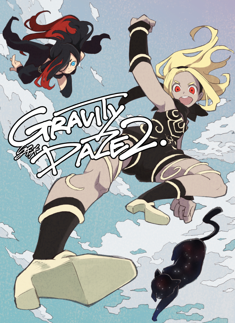 2girls :d animal arm_up arm_warmers bare_shoulders black_cat black_hair black_hairband black_legwear black_scarf blonde_hair blue_eyes blue_sky breasts cat closed_mouth copyright_name crow_(gravity_daze) dark_skin day dusty_(gravity_daze) from_below gravity_daze gravity_daze_2 hair_over_one_eye hairband high_heels io_naomichi kitten_(gravity_daze) long_hair midair multicolored_hair multiple_girls open_mouth outdoors red_eyes redhead scarf shoes sky small_breasts smile socks star_(sky) strapless teeth thigh_strap two-tone_hair unitard v-shaped_eyebrows yellow_footwear