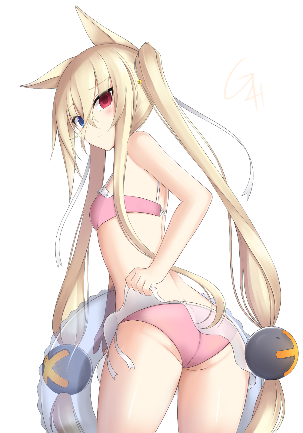 1girl animal_ears ass bangs bikini blonde_hair blue_eyes blush bra_strap breasts character_name closed_mouth commentary_request eyebrows_visible_through_hair fox_ears frilled_bikini_top g41_(girls_frontline) girls_frontline hair_between_eyes heterochromia highres holding_innertube innertube long_hair looking_at_viewer personification pink_bikini red_eyes see-through simple_background small_breasts solo swimsuit very_long_hair white_background xiaobai_(cheng_pan)
