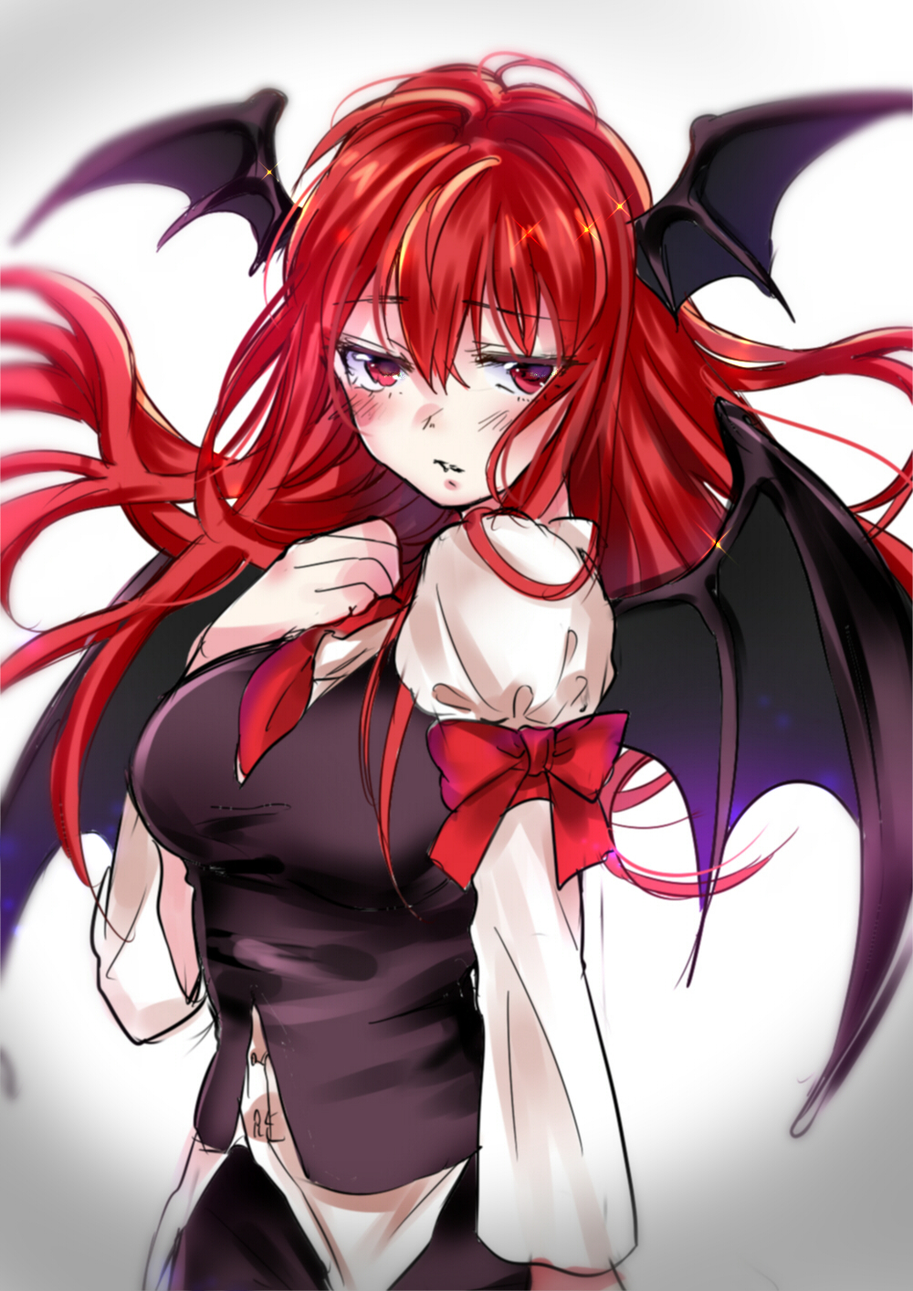 1girl arm_ribbon armband bat_wings black_vest blurry blush bow breasts commentary_request cowboy_shot dress_shirt eyebrows_visible_through_hair eyelashes hair_between_eyes hand_on_own_chest head_wings highres juliet_sleeves kako_(bunny-garl) koakuma long_sleeves messy_hair necktie parted_lips puffy_sleeves red_eyes red_neckwear redhead ribbon shirt simple_background sketch solo sparkle touhou untucked_shirt vest vignetting white_background white_shirt wings