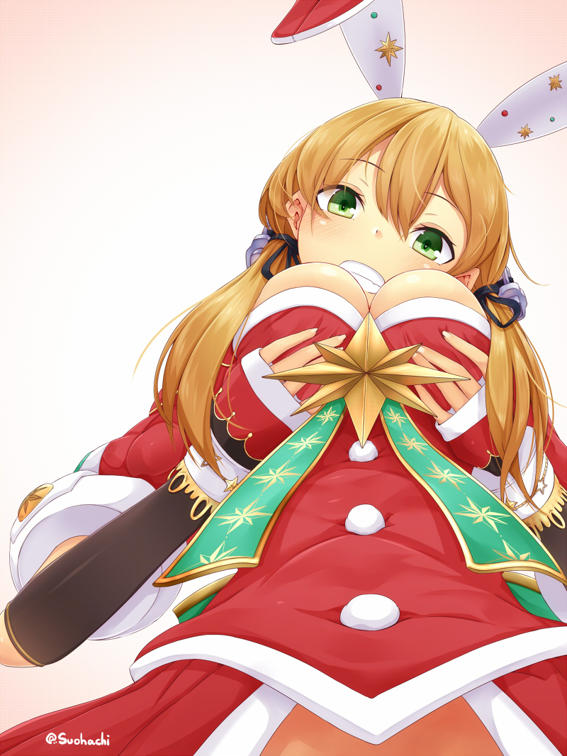 1girl alternate_costume anchor_hair_ornament animal_ears bangs blonde_hair blush breasts christmas elbow_gloves fingerless_gloves from_below gloves grabbing_own_breast gradient gradient_background green_eyes hair_between_eyes hair_ornament kantai_collection long_hair long_sleeves looking_at_viewer parted_lips prinz_eugen_(kantai_collection) rabbit_ears santa_costume sidelocks simple_background smile solo star suohachi twintails