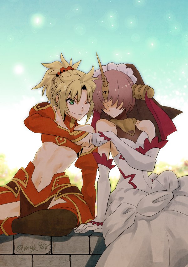 2girls bare_shoulders blonde_hair blue_sky brick_wall bridal_veil commentary_request elbow_gloves fate/apocrypha fate/grand_order fate_(series) fist_bump frankenstein's_monster_(fate) gloves green_eyes hair_over_eyes horn mgk968 midriff mordred_(fate) mordred_(fate)_(all) multiple_girls navel one_eye_closed pink_hair ponytail short_hair side-by-side sitting sky smile twitter_username veil white_gloves