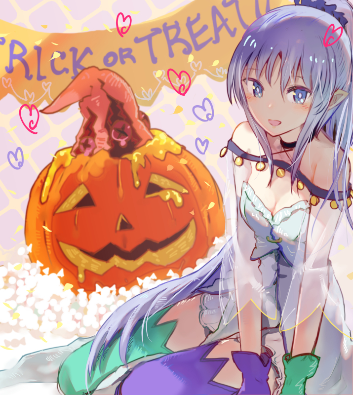 1girl :d bare_shoulders blue_eyes blue_hair blush breasts capelet caster_lily choker cleavage fate/grand_order fate_(series) gloves hair_ornament hair_scrunchie heart inaeda_kei jack-o'-lantern long_hair looking_at_viewer mismatched_gloves mismatched_legwear open_mouth pointy_ears ponytail scrunchie see-through small_breasts smile solo thigh-highs trick_or_treat very_long_hair