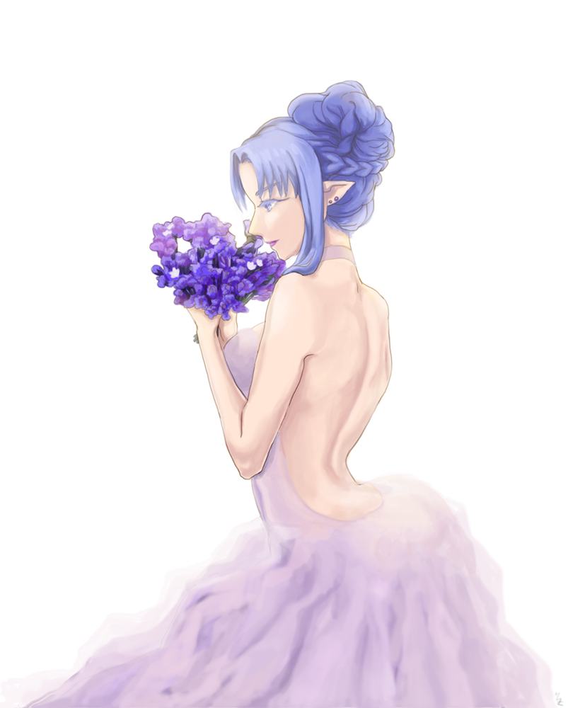 1girl alternate_hairstyle backless_outfit bare_back bare_shoulders blue_eyes blue_hair bouquet braid caster choker crown_braid dress earrings fate/grand_order fate_(series) flower hair_bun hair_up hz_(hae_za) jewelry medea_(fate)_(all) pink_dress poorly_drawn solo strapless strapless_dress