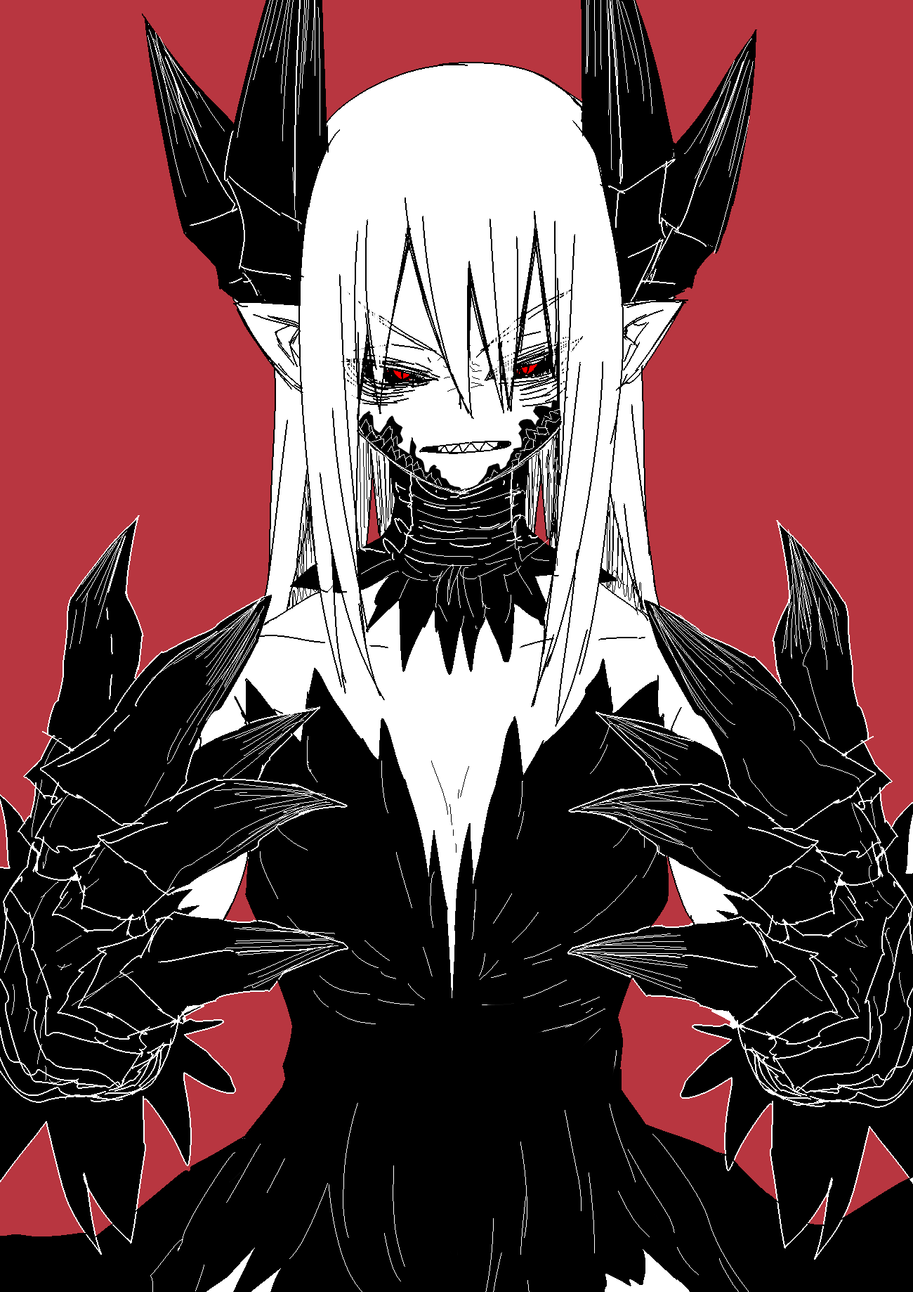 1girl black_sclera claws dragon_girl dress eyebrows_visible_through_hair greyscale hair_between_eyes hands_up highres horns juugoya_(zyugoya) long_hair looking_at_viewer monochrome monster_girl parted_lips pointy_ears red_background red_eyes scales sharp_teeth simple_background slit_pupils solo teeth v-shaped_eyebrows