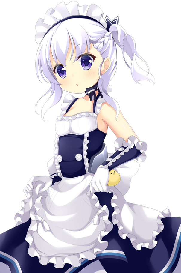 1girl animal apron azur_lane bangs bare_shoulders belfast_(azur_lane) bird blue_dress blush braid breasts commentary_request dress eyebrows_visible_through_hair frilled_apron frills gloves long_hair looking_at_viewer maccha maid_headdress one_eye_closed parted_lips silver_hair simple_background sleeveless sleeveless_dress small_breasts solo violet_eyes waist_apron white_apron white_background white_gloves