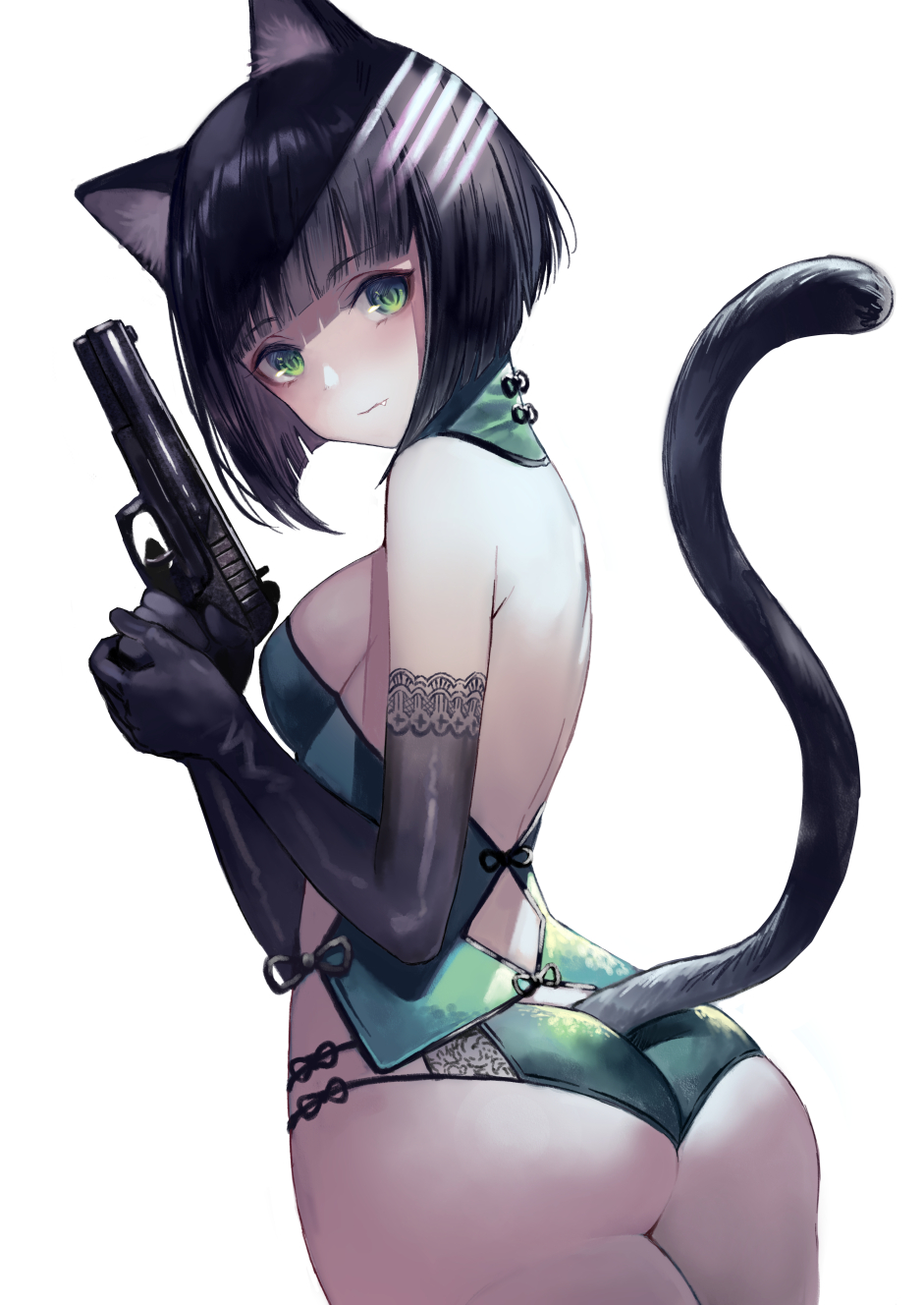 1girl animal_ears ass bangs black_gloves black_hair blunt_bangs breasts bustier cat_ears cat_tail closed_mouth commentary_request cowboy_shot dutch_angle elbow_gloves eyebrows_visible_through_hair fang fang_out from_behind gloves green_eyes green_panties gun handgun highres holding holding_gun holding_weapon looking_at_viewer looking_back original own_hands_together panties pistol short_hair simple_background solo tail tail_raised terai_(teraimorimori) underwear underwear_only weapon white_background