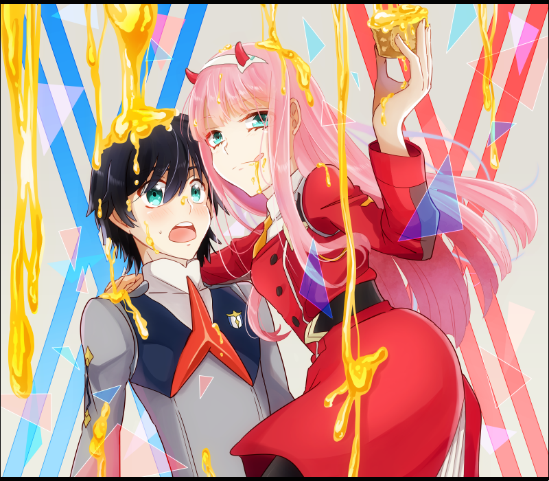 1boy 1girl black_hair black_legwear blue_eyes couple darling_in_the_franxx green_eyes hairband hand_on_another's_shoulder hiro_(darling_in_the_franxx) horns licking_lips long_hair military military_uniform necktie oni_horns orange_neckwear pantyhose pink_hair red_neckwear short_hair temaroppu_(ppp_10cc) tongue tongue_out uniform white_hairband zero_two_(darling_in_the_franxx)